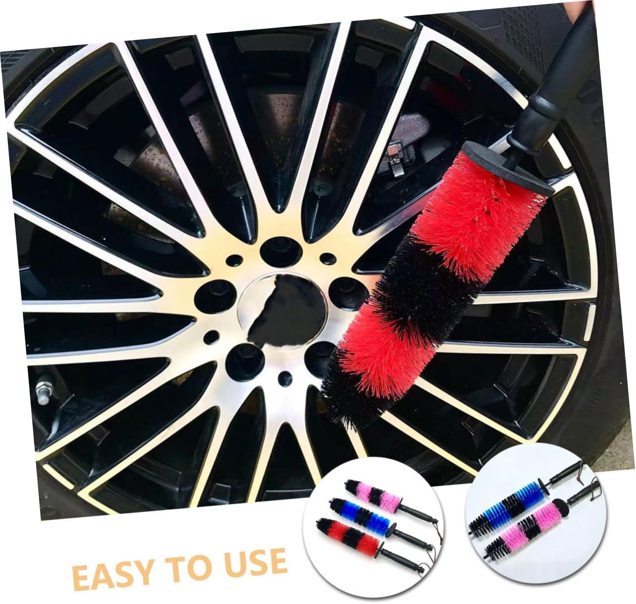 Cabilock 3Pcs Wheel Cleaning Brush Set Red Elastic Bristle, Extended Rim Scrubber for Tire and Wheel Well Care, Car Detailing Tool for Electric and Manual Wash in Automotive Maintenance