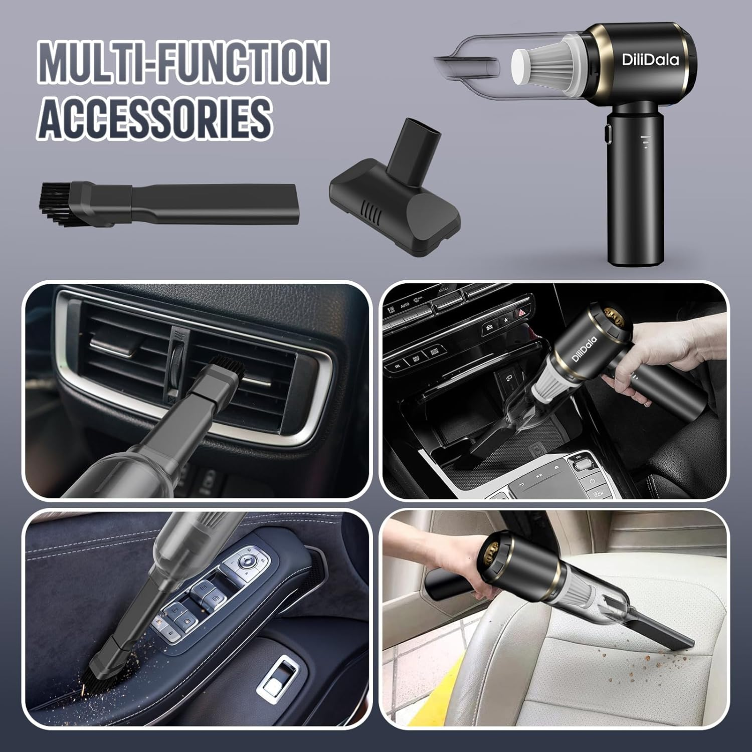 Car Vacuum Cleaner Cordless, Handheld Vacuum 22000PA High Power Suction, 4-In-1 Compressed Air Duster & Air Blower & Pump, Portable Vacuum Cleaner with 3 Gears for Home, Pet, Keyboard (Grey) image number 4