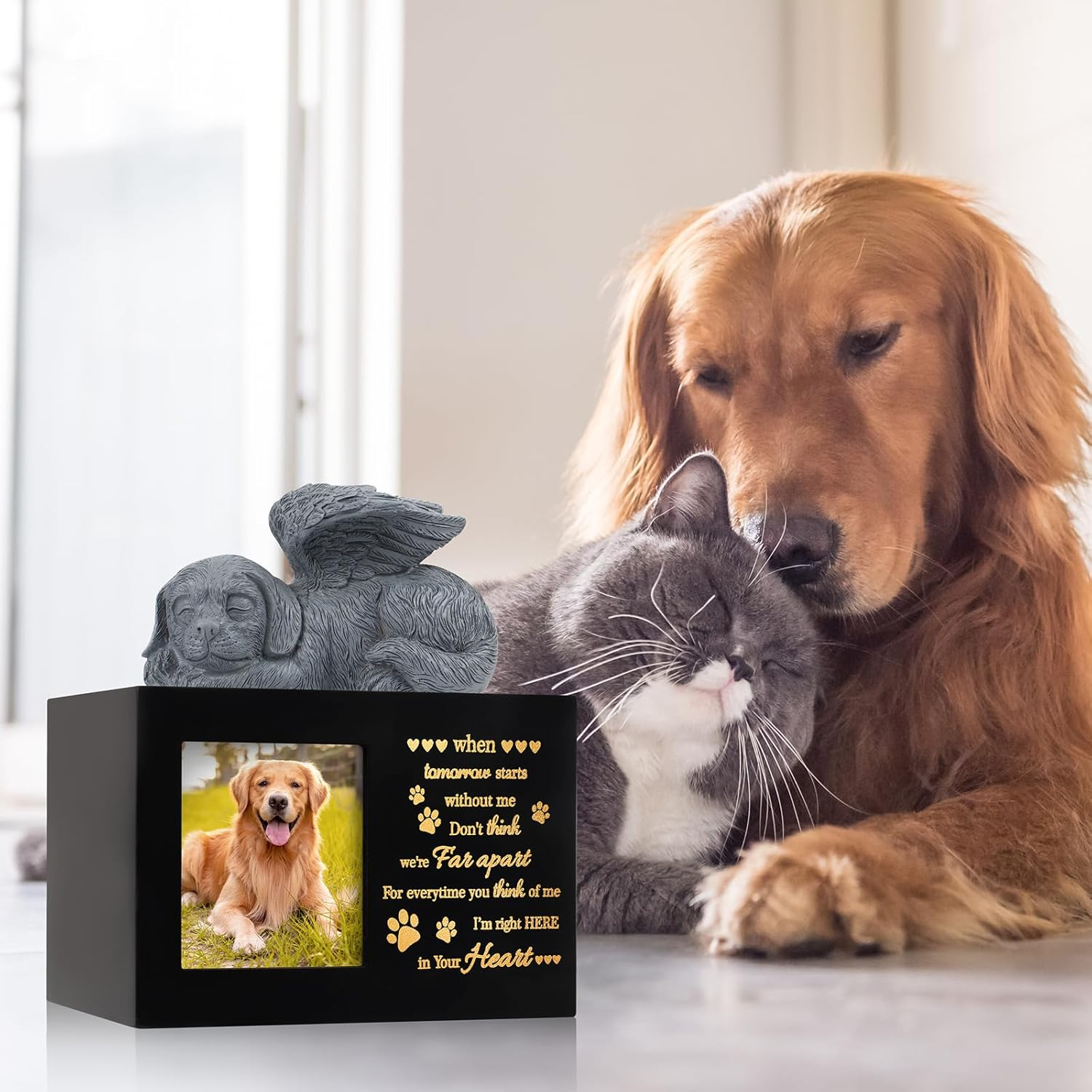 LPREUTWN Pet Urns for Ashes, Large Wooden Pet Urns for Dog or Cat Ashes with Dog Angel, Memorial Keepsake Memory Box with Photo Frame, Loss Pet Sympathy Remembrance Gift (Black) image number 6