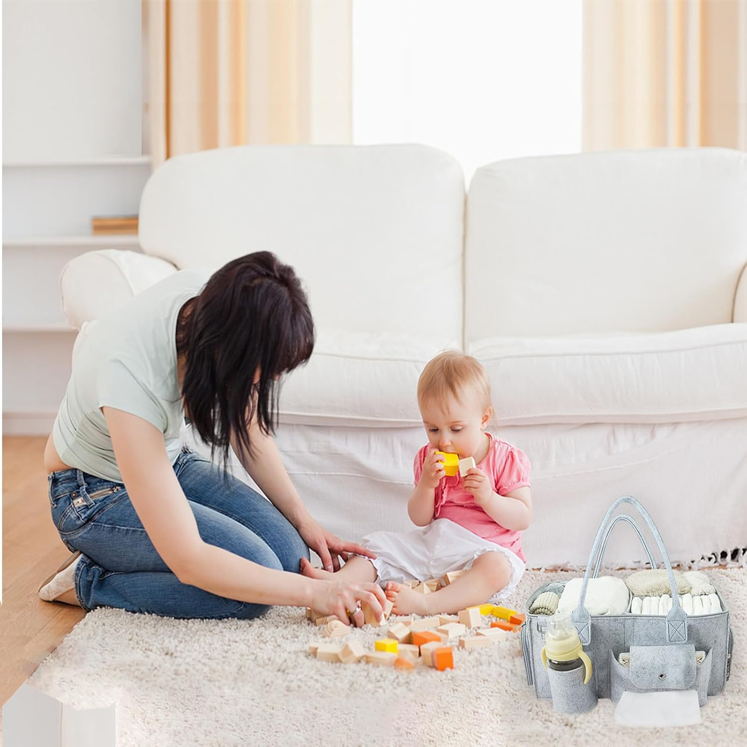 Baby Diaper Caddy Organizer with Lid &ndash; Portable Diaper Tote Bag with Multiple Compartments, Travel Baby Bag for Must-Haves, Newborn Essentials Gift Basket image number 6