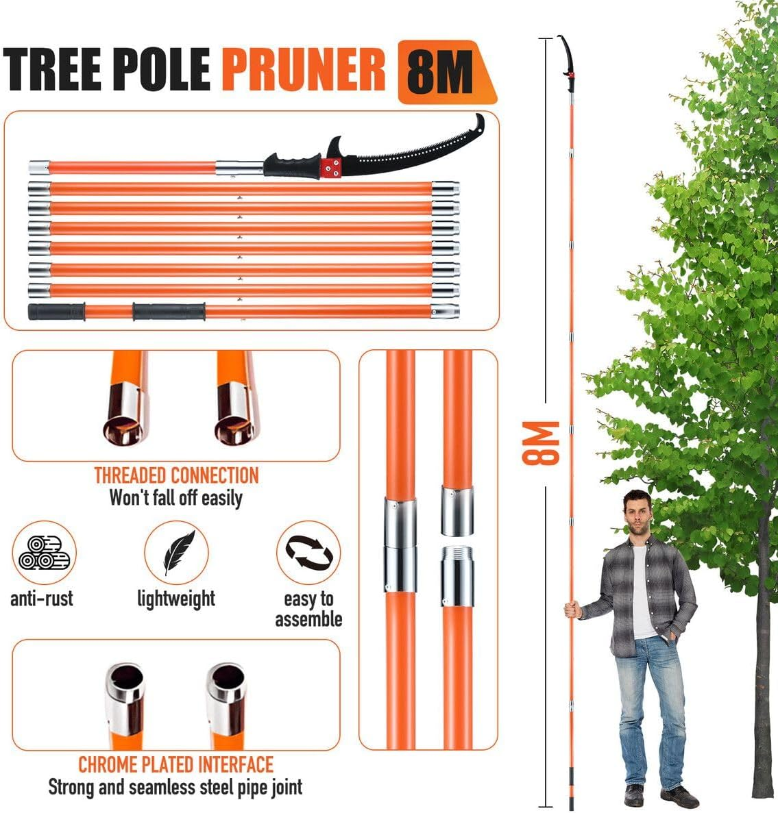 AUSWAY Manual Pole Saw Tree Pruner Extendable Branch Pruning Trimmer Trimming Cutter with 8 Fibreglass Rods Sharp Steel Blades Scissors image number 1