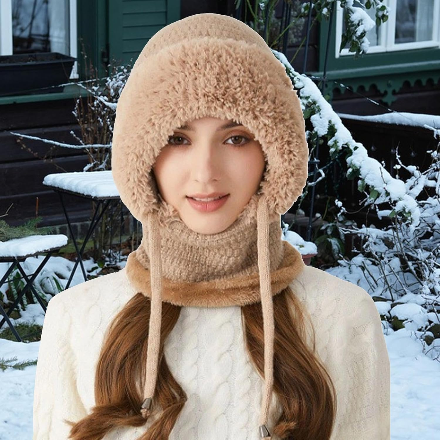 3 In1 Beanie Hat with Scarf and Face Cover - Winter Balaclava | Fall Winter Warm Knitted Windproof Beanie with Thick Soft Fleece Lining | One-Piece Hood Ski Maskes for Hiking, Travel, Skiing, Cycling - Creamy image number 6