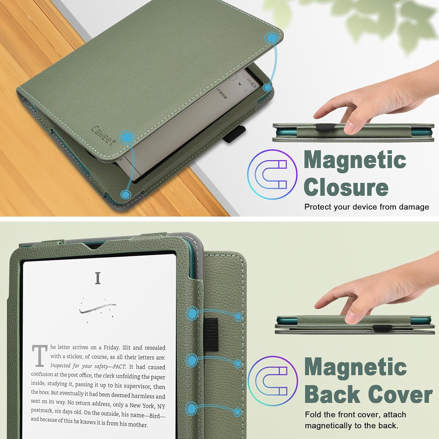 Caweet Case for Kindle Paperwhite 12Th Generation and Kindle Colorsoft Signature Edition 7 Inch 2024 Release, Premium PU Leather Foldable Stand Protective Cover with Card Slot and Hand Strap, Green image number 2