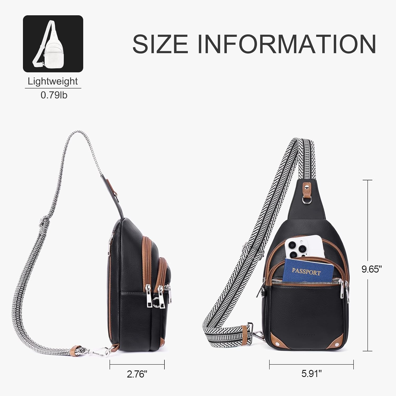 Anti Theft Crossbody Bags for Women Travel Chest Sling Bag Leather RFID Purse Fanny Pack Black image number 3