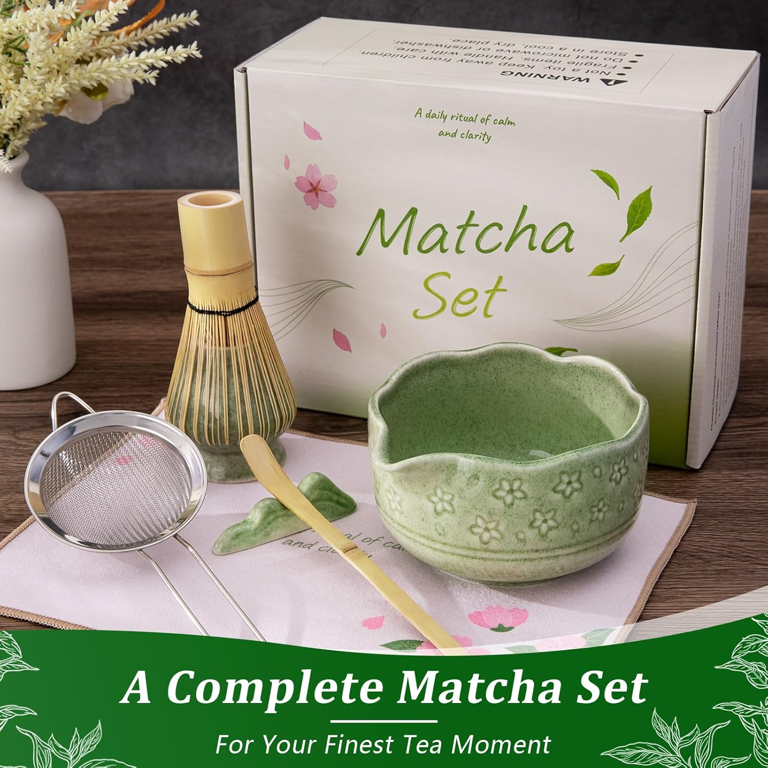 Matcha Whisk Set, 7 Pcs Ceramic Matcha Kit for Traditional Tea Ceremony, with Handmade Spout Bowl, Bamboo Scoop and Rest, Whisk, Chasen Holder, Sifter, Tea Towel, Unique Gifts for Matcha Lovers, Green image number 6