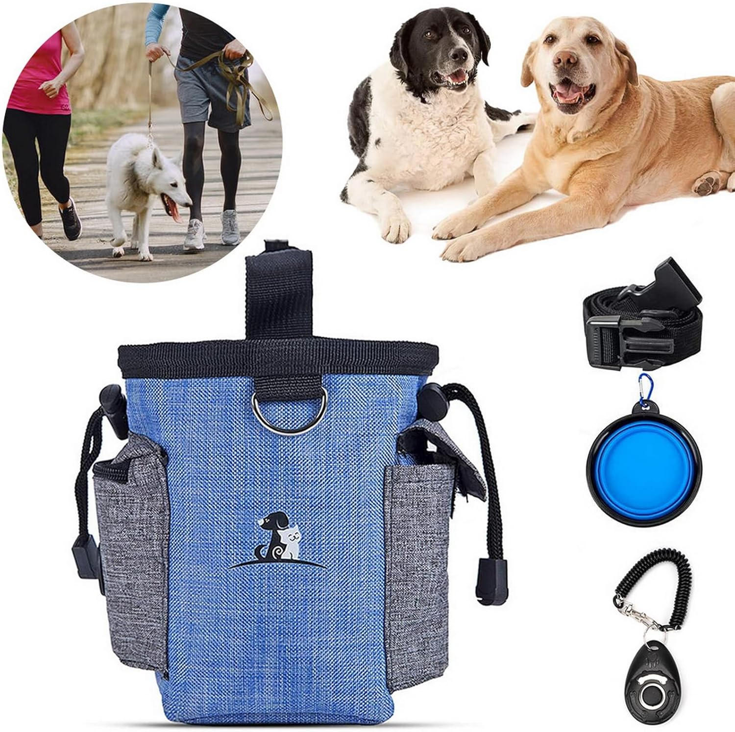 VANANA Pet Training Clicker Puppy Dog Training Snack Bag Built-In Poop Bag Dispenser Zipper Pocket with Adjustable Waist Belt Pouch Hand-Free for Dog Walking Training (Blue)
