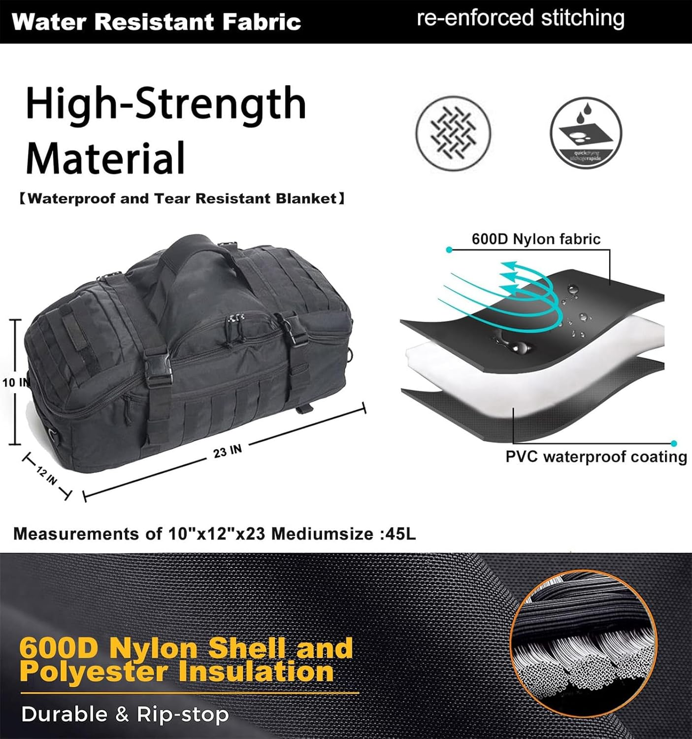 Miramrax 3 in 1 Military Backpack Travel Duffle Bag for Weekender Gym Traveling Workout Deployment, Gym Bag,Large Tactical Bags(45L) (Black) image number 6