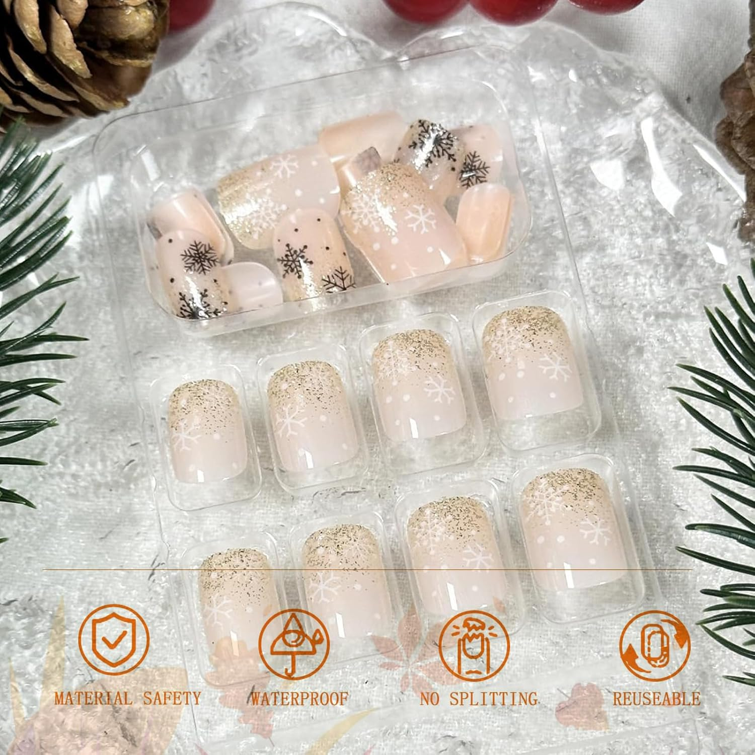 TELAIN 24 Pieces Snowflake Press on Nails, Short Square False Nails, Christmas Press on Nails, Gold Glitter with Design, Full Coverage, Stick on Nails