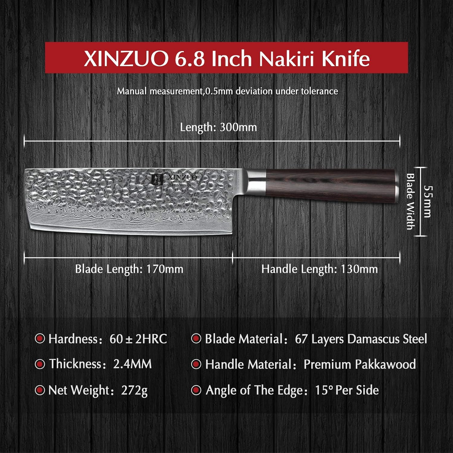 XINZUO Damascus Steel Nakiri Knife, 6.8 Inch Meat Vegetable Knife Asian Chef Knife Professional Kitchen Knife Sharp Cooking Knife, Ergonomic Pakkawood Handle -He Series image number 5