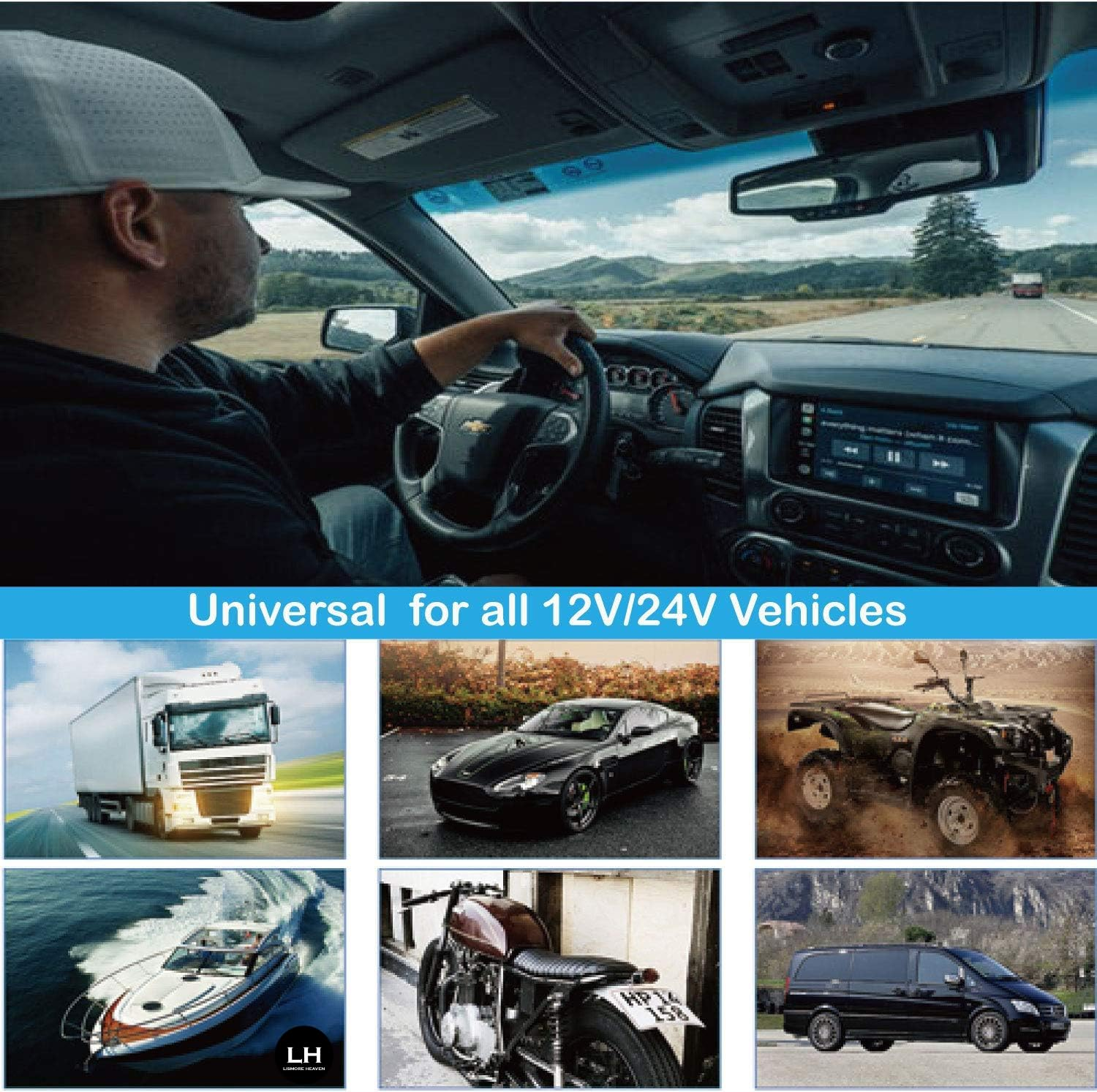 LH-QC 3.0 USB Outlet 12V Boat Marine Waterproof Cigarette Lighter Socket Splitter 12 Volt DC Power Charger Adapter DIY Kit with Blue LED Dual USB Ports for Rocker Switch Panel on Car RV Golf Cart ATV