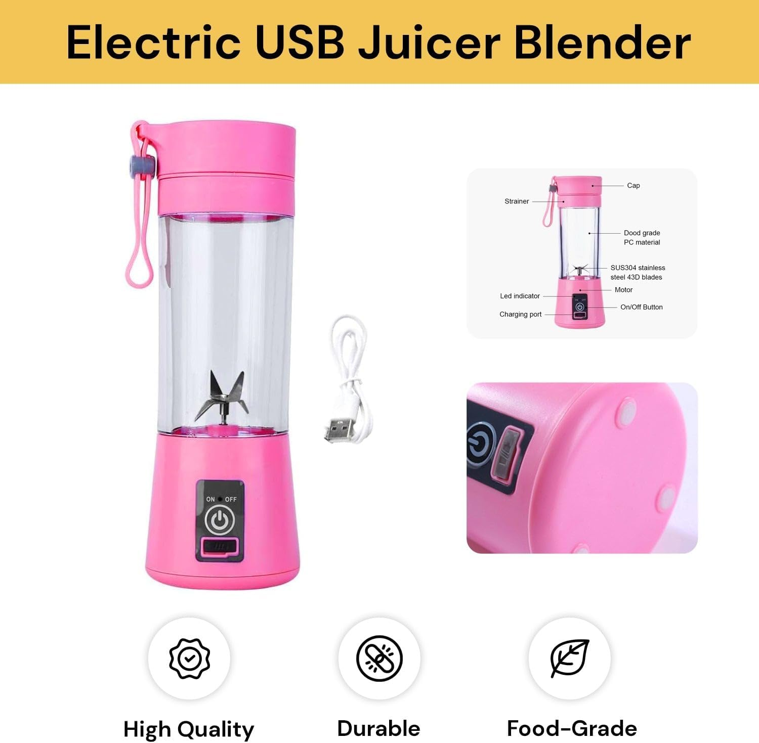 EZONEDEAL Electric USB Rechargeable Juicer Blender for Smoothies, 380Ml Juicer Cup Mini Portable Blender, Smoothie Blender for Shakes Fruit Vegetable Cutter Drink Bottle Kitchen Accessories (Blue) - Pink image number 7