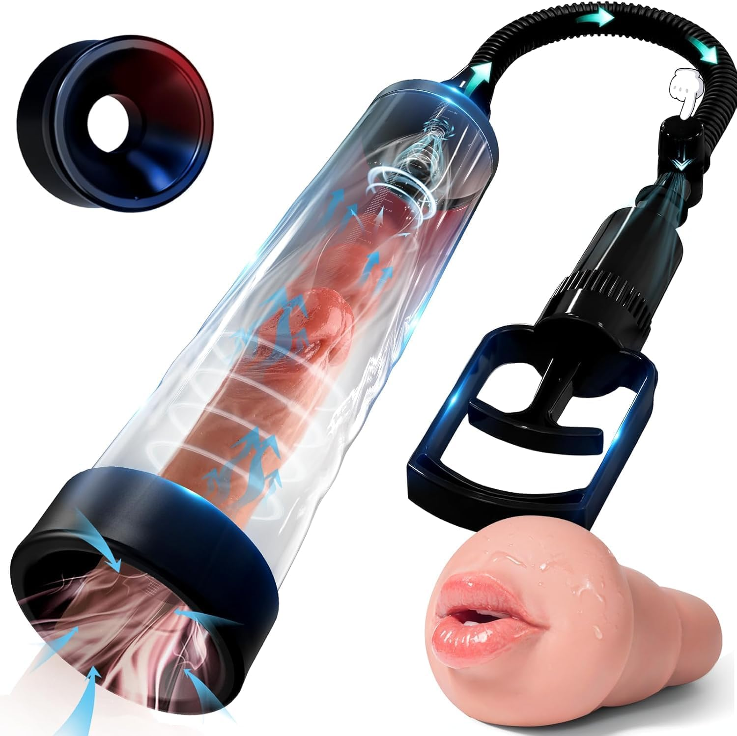 Penis Pump with Realistic Mouth,Riotor Manual Vacuum Penis Extender Masturbator, Male Sex Toys Sexual Stimulation Device for Erection, Ed,Adult Male Sex Toys for Men (Deep Black) image number 5