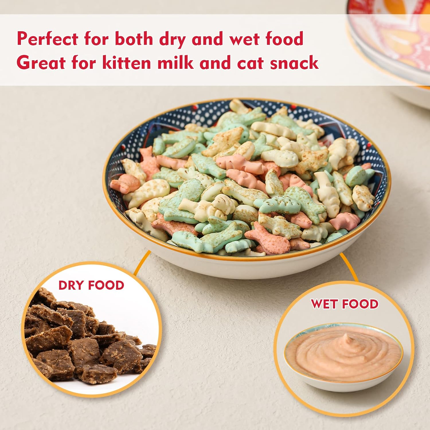 5.5 Inch Wide Shallow Cat Food Bowl Set for Relief Whisker Fatigue -Ceramic - 6 Colorful Cute Small Flat Kitten Feeding Dish/Dishes - Microwave and Dishwasher Safe - 8 Oz image number 6