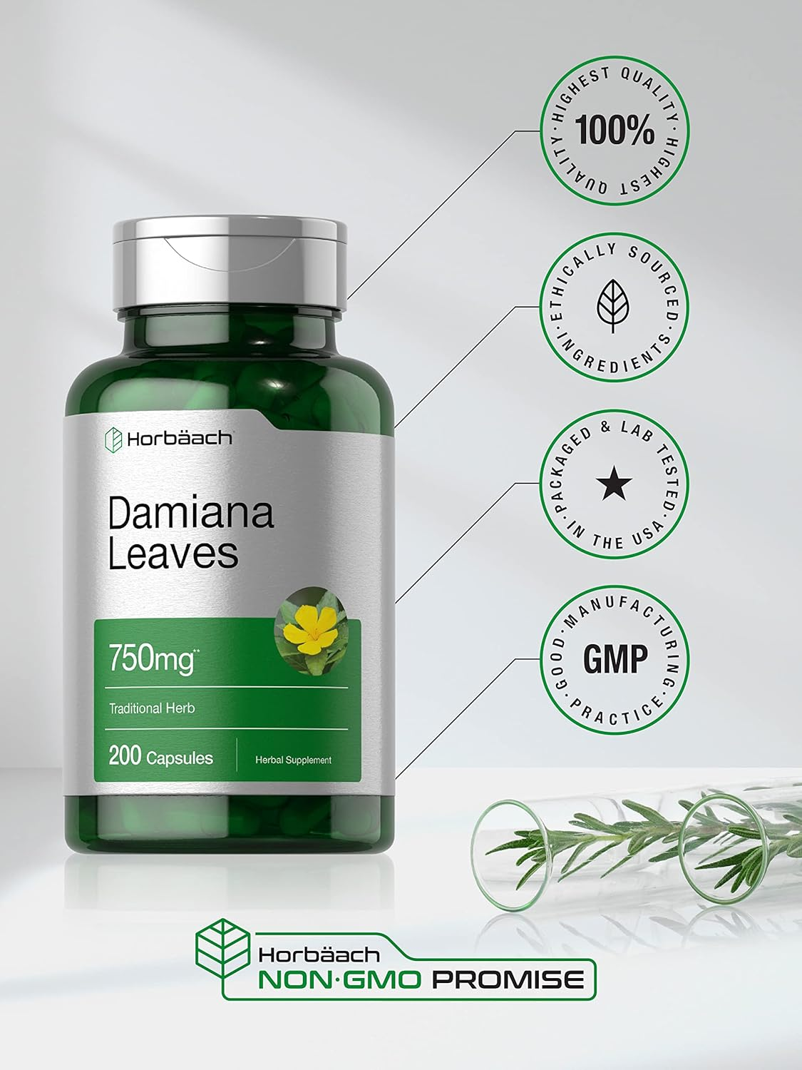 Damiana Leaf 750Mg | 200 Capsules | Non-Gmo, Gluten Free Supplement | by Horbaach