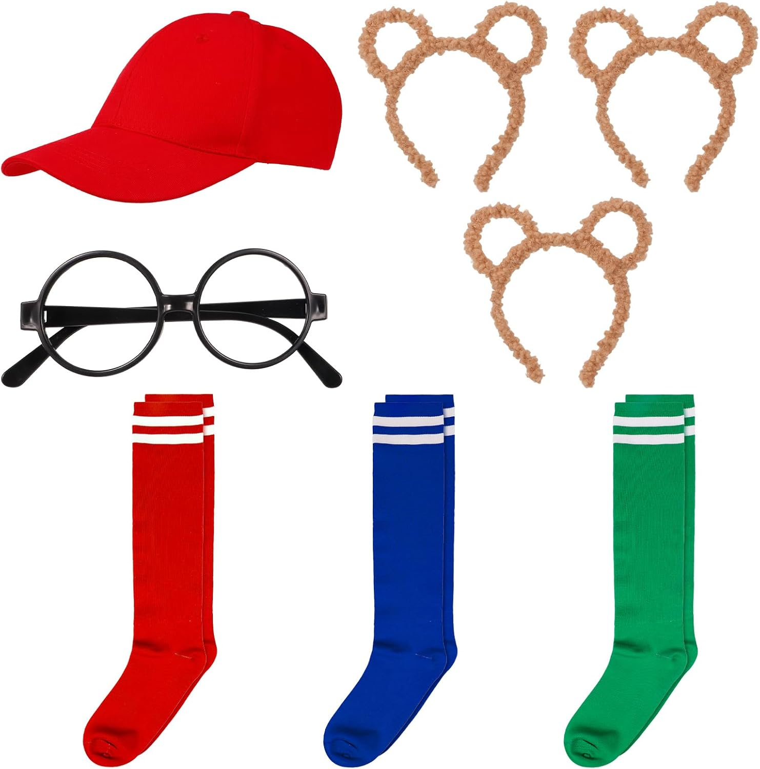 8 Pcs Chipmunks Costumes Set Include 3 Pcs Chipmunk Ears Headband,3 Pairs Soccer Socks,1 Piece Black round Frame Glasses and 1 Red Cap for Adults Teens World Book Day Party image number 4