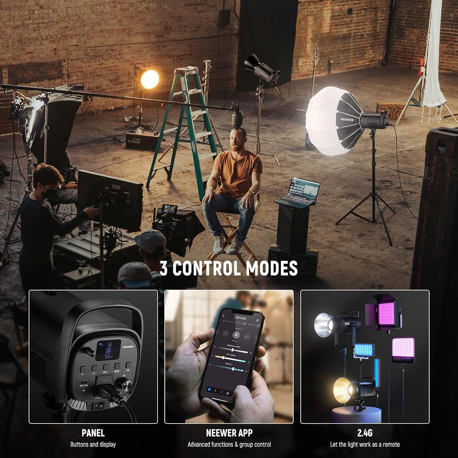 NEEWER CB120B 120W LED Video Light with 2.4G&APP Control COB Bi Color 2700K-6500K 78000Lux at 1M/Cct Mode/Cri97/12 Scenes/Bowens Mount Continuous Output Lighting for Studio Photography/Video Recording image number 4