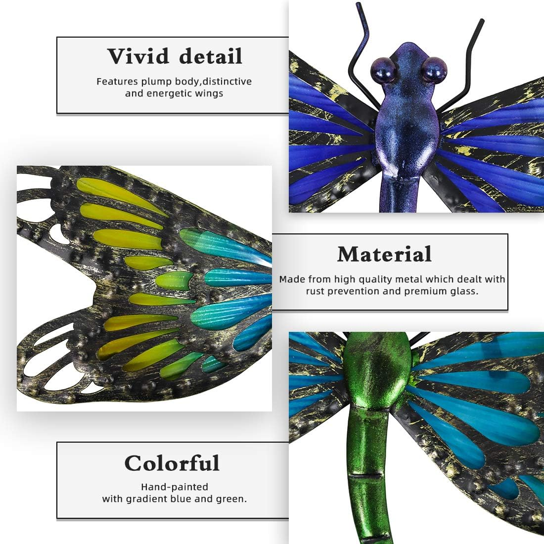 HONGLAND 2Pcs Metal Dragonfly Wall Decor Outdoor Dragonfly Wall Art Glass Sculpture for Home Garden,Gradient Blue&Green image number 3