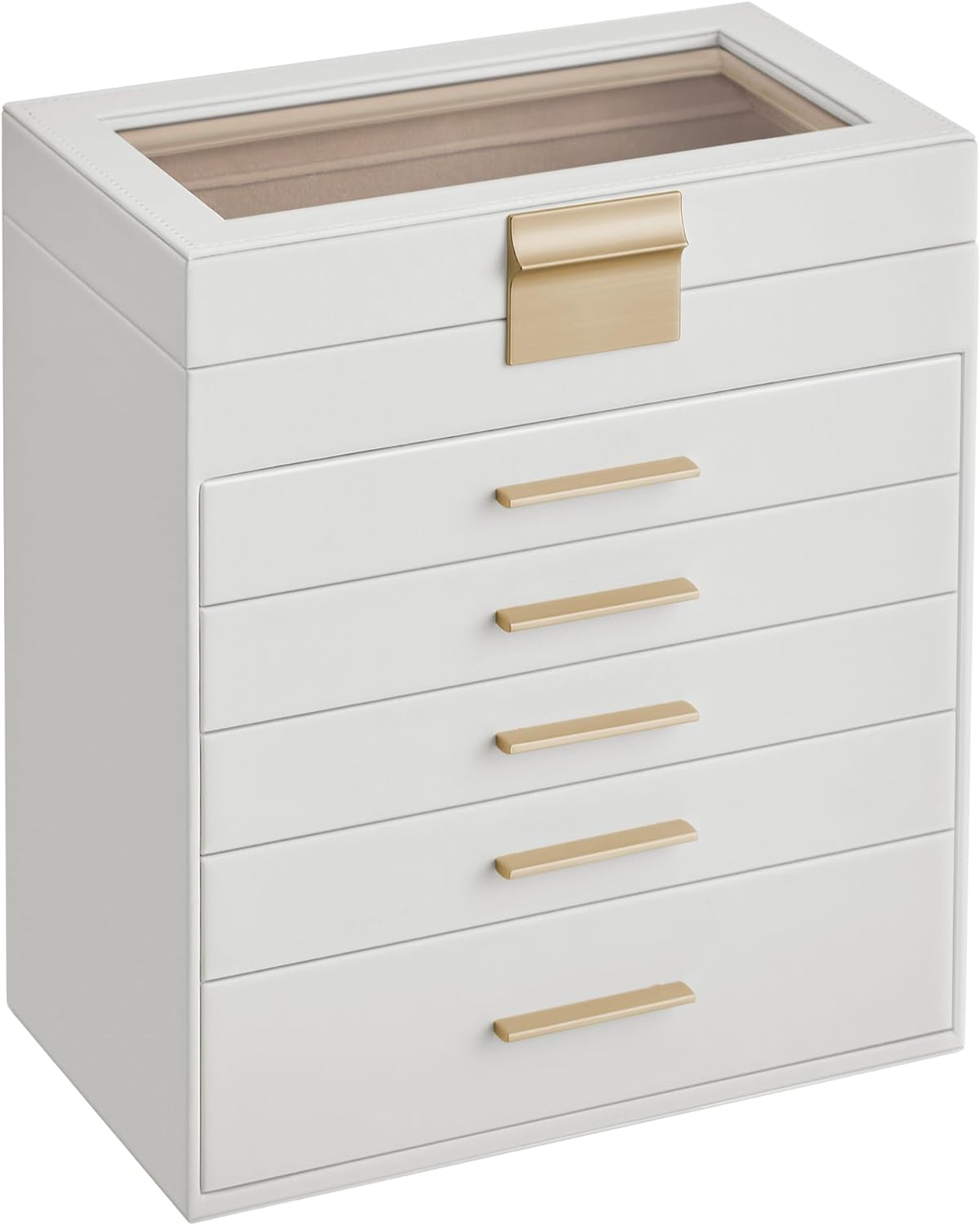 SONGMICS JBC161B02 4 Tier Jewellery Box with Glass Lid 3 Drawers Sunglasses Large Jewellery Storage Modern Graphite Black Gold