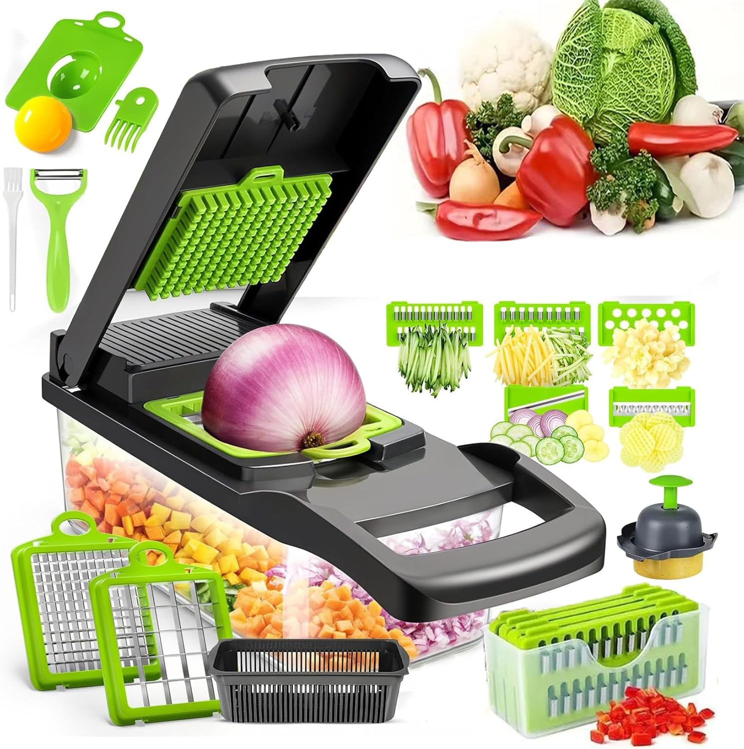 Mumoo Bear 16-In-1 Ultimate Vegetable Chopper & Mandoline Slicer &ndash; Multi-Blade Food Dicer, Spiralizer, Grater & Cutter with Container &ndash; Kitchen Gadget for Fruits, Veggies, Cheese &ndash; Black & Green image number 3