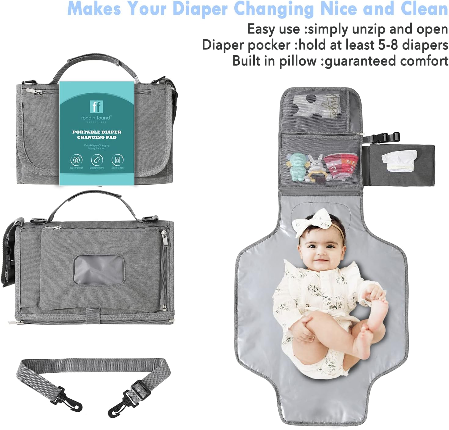 Fond + Found Portable Changing Pad with Shoulder Strap and Wipes Pocket - Waterproof Baby Changing Mat Travel Change Pad for Travel and Home