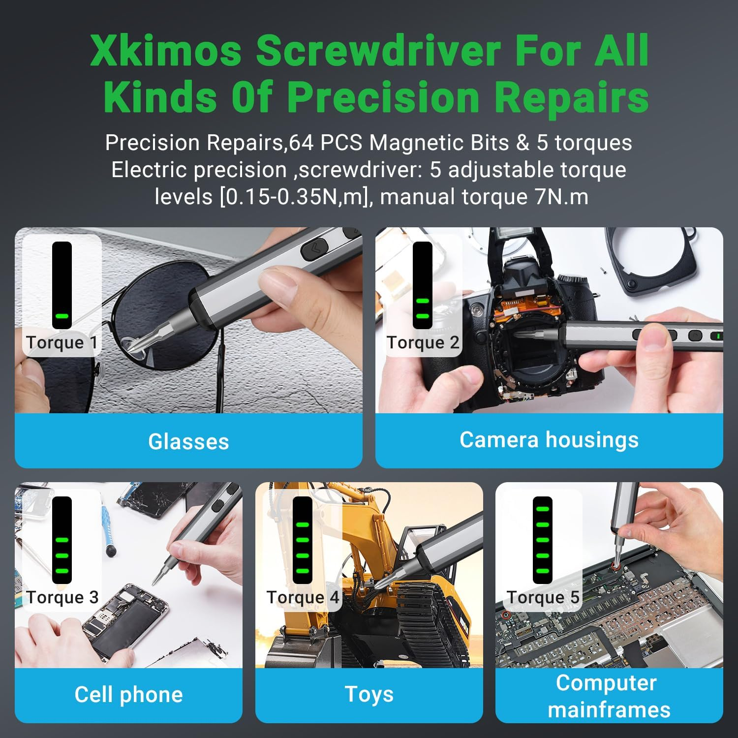 Mini Electric Screwdriver Set,70 in 1 Precision Screwdriver Set,5 Torque Settings, 64 S2 Magnetic Bits, 4 LED Lights, Grey, Cordless, Battery Powered image number 3