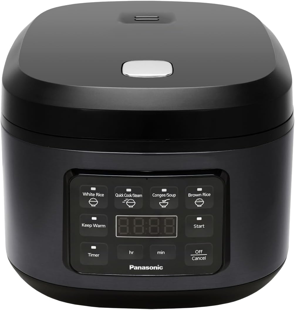 Panasonic Rice Cooker 8 Cup, LED Display, Touch Control, Non-Stick Pot, Quick Cook, Keep Warm, 4 Auto Menus, Delay Timer, Includes Measuring Cup, Rice Scoop, Steam Basket, White (SR-DA152WST)