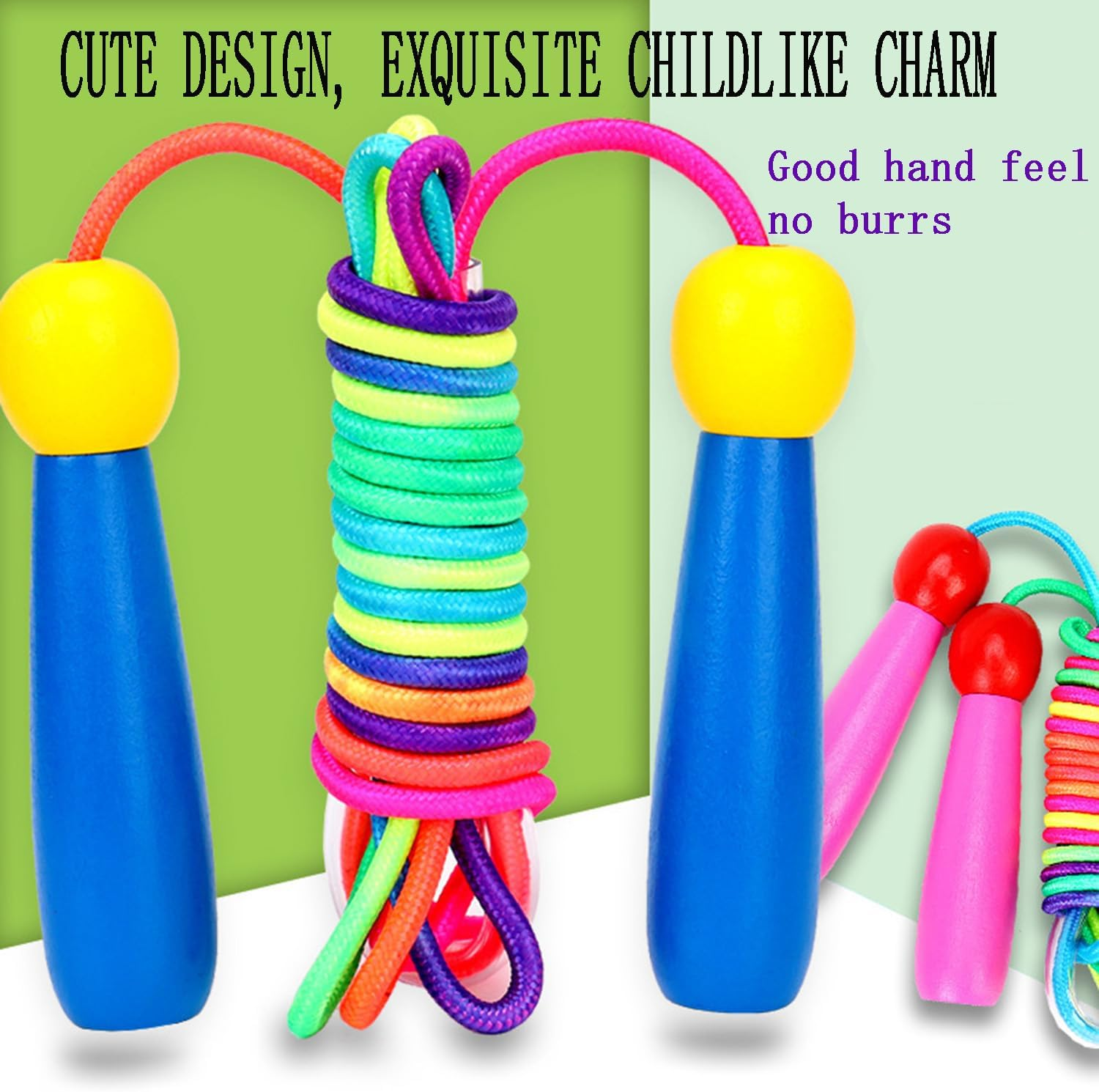 Tjhypenete 2 Pcs Jump Rope for Kids, Rainbow Skipping Rope, Adjustable Length Jumping Rope with Wooden Handle, Cotton Rope for Gymnastics, Training, Exercise, Workout, Weight Loss, Outdoor Activity image number 6