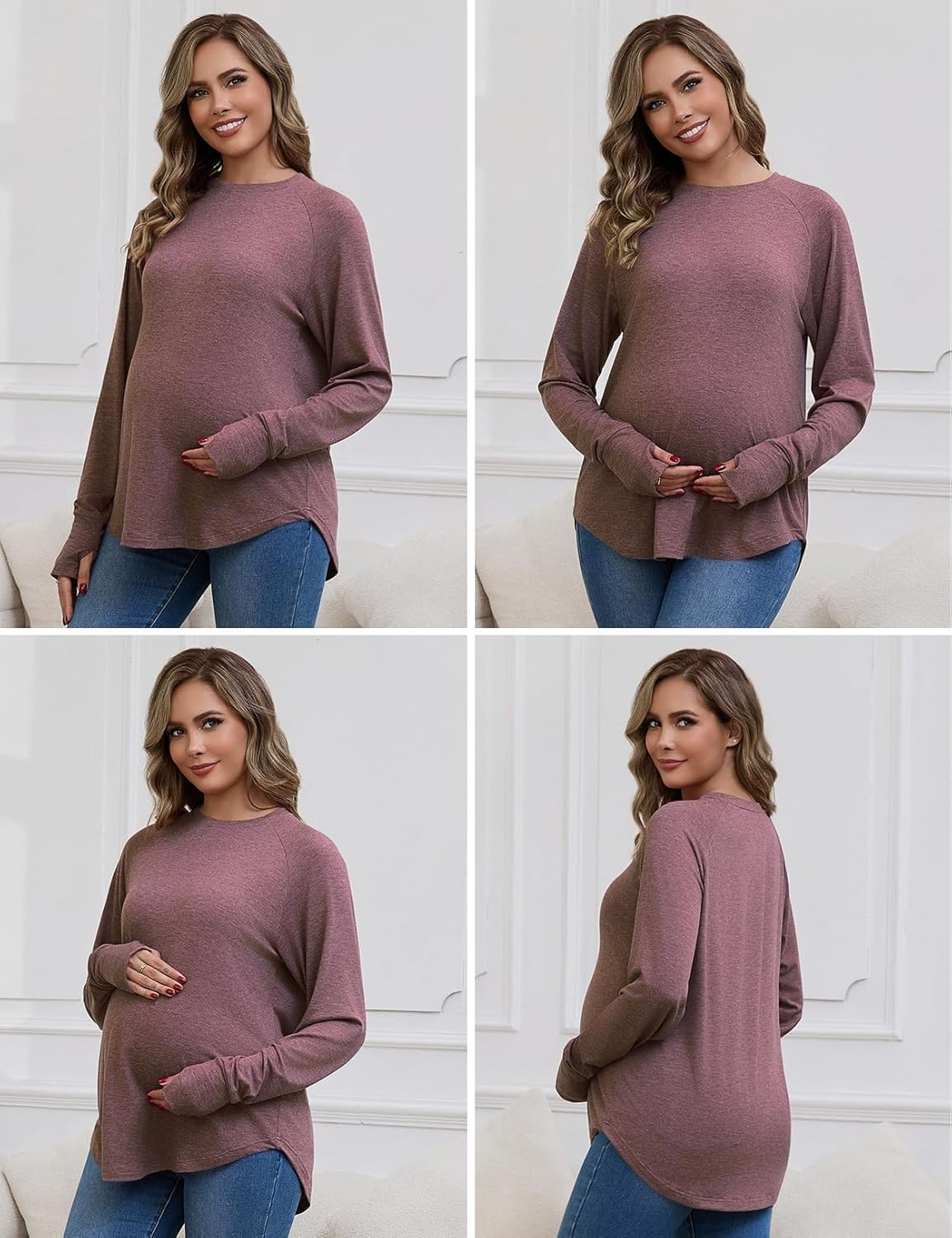 Bhome Maternity Shirts 3 Packs Long Sleeve Pregnancy Tops Loose Fit Casual Blouses with Thumb Holes image number 4