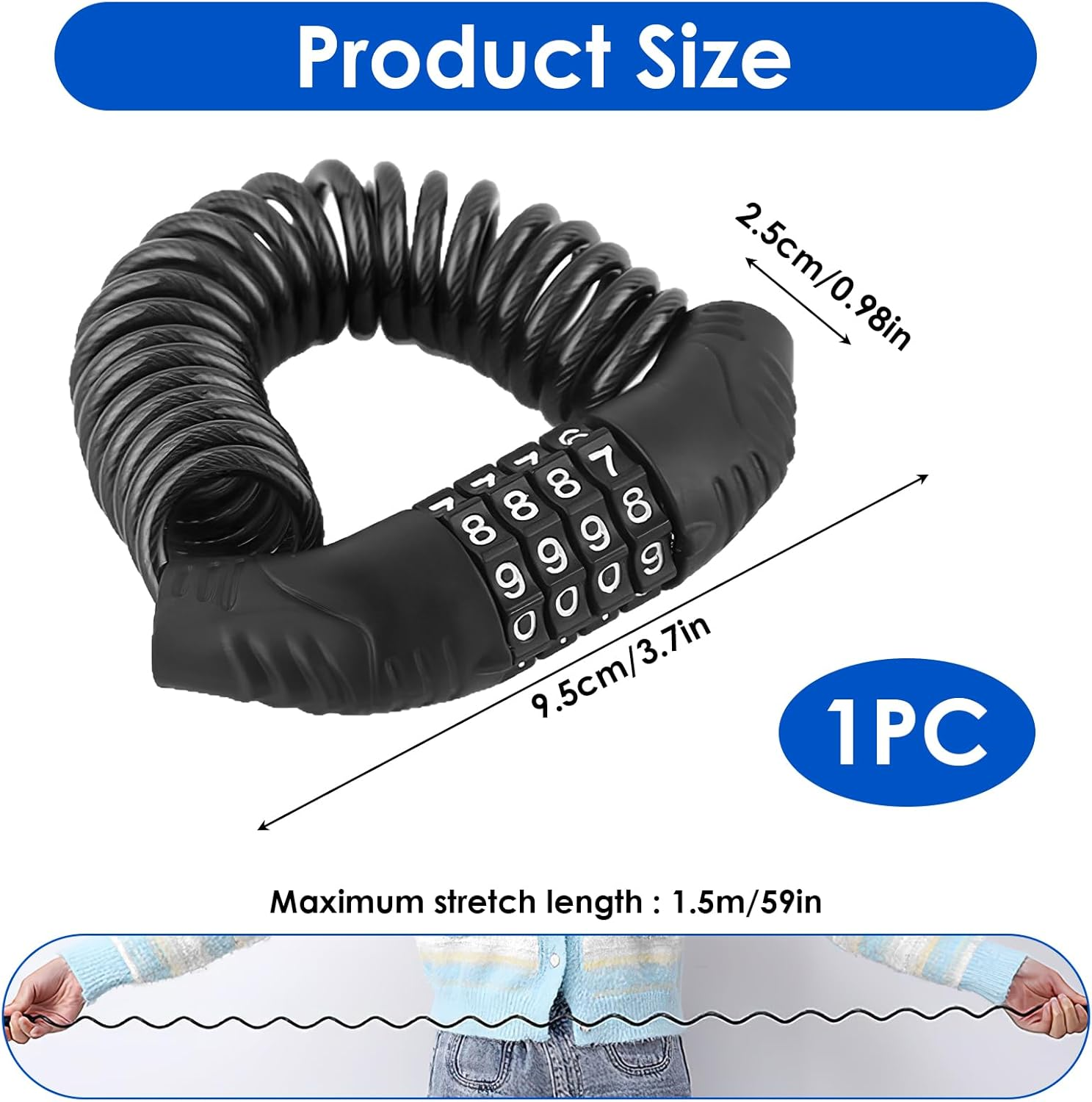 Motorcycle Helmet Lock & Bike Lock - Password Combination Security Lock with 59 Inch Cable, Portable for Bicycle, Motorbike, Suitcase, Luggage & Stroller, Retractable 4 Digit Motorcycle Helmet Lock image number 4