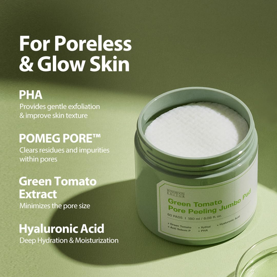 SUNGBOON EDITOR Green Tomato Pore Peeling Jumbo Pad 60 Sheets | Facial Toner Pads for Minimizing Pores & Soothing & Deep Hydration | PHA, Hyaluronic Acid | Korean Skincare image number 3