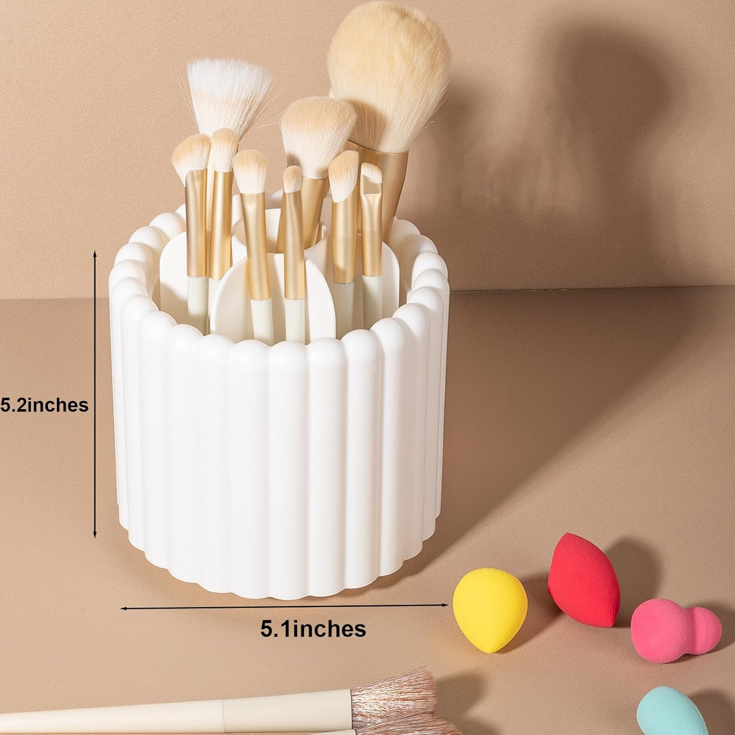 360 Rotating Makeup Brush Holder 7 Slots Make up Brush Organizer Removable Spinning Cosmetic Brushes Storage Pen Holder for Vanity, Dresser, Desk (White, 13.21 * 12.95CM)