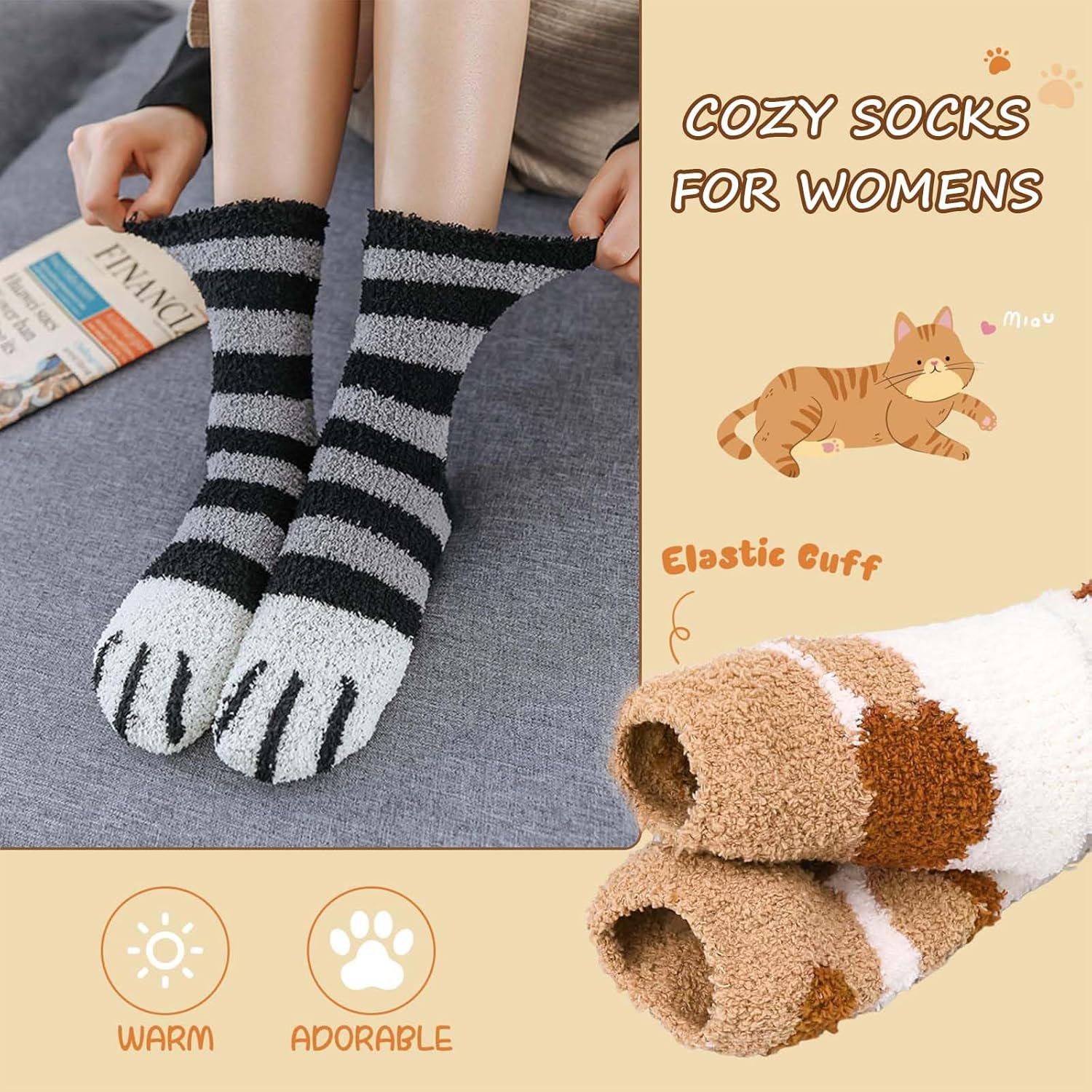 6 Pairs of Cat Socks - Therian, Fluffy, Non-Slip, Warm Bed, House Socks (36-42), Multicoloured, Medium image number 2