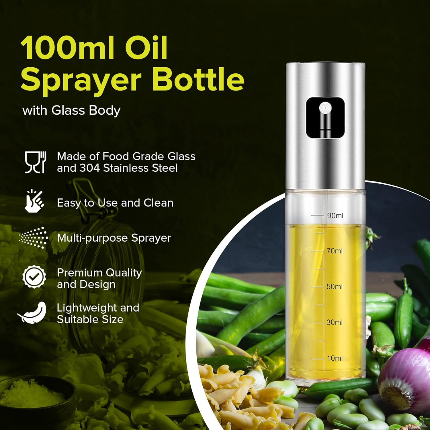 PORTENTUM Oil Spray Bottle 100Ml Stainless Steel Olive Oil Dispenser, Leakproof Oil Bottle with Accessories &ndash; Oil Sprayer for Cooking, BBQ, Salad and Air Fryer image number 4