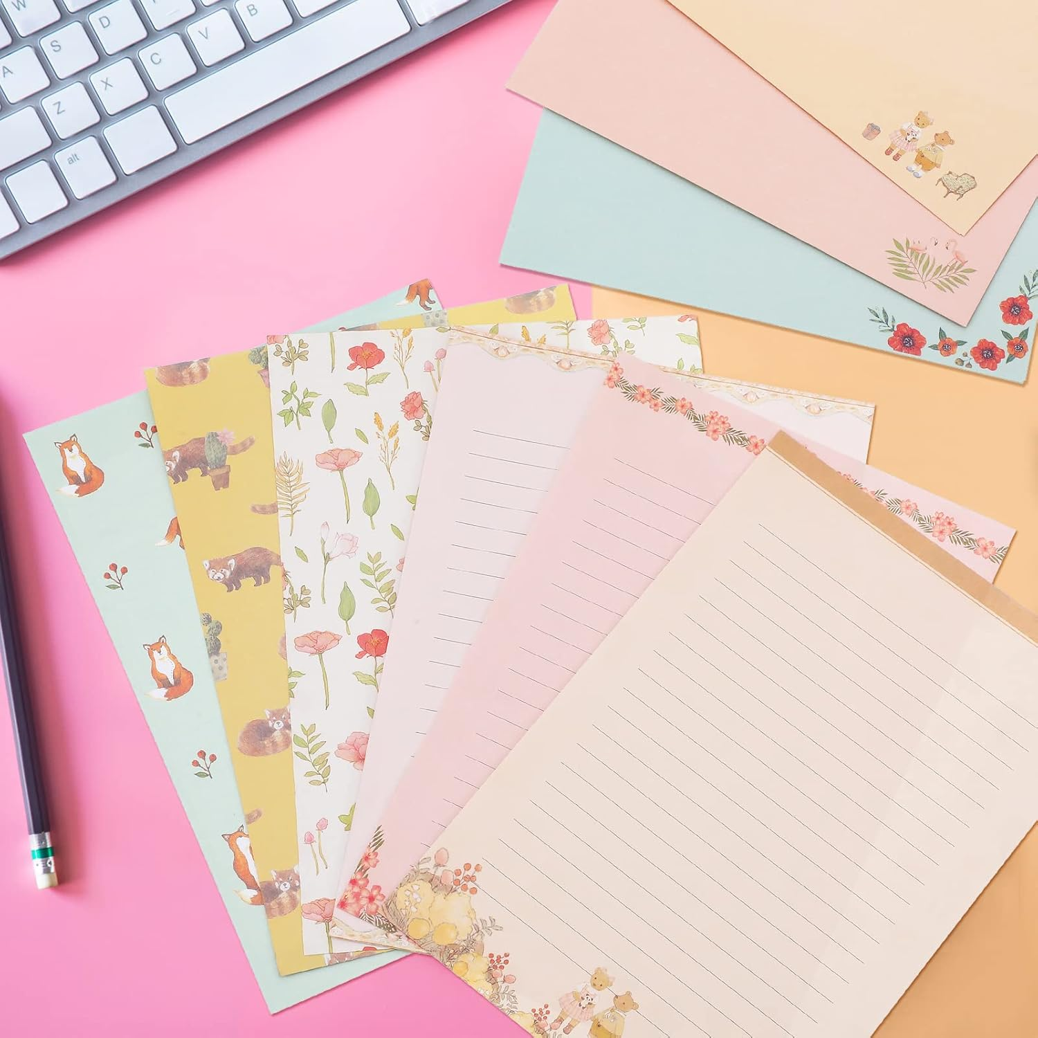 Laumoi 180 Pcs Papers and Envelopes Set - 60 Envelopes, 120 Lined Writing Paper, 96 Colorful round Dot Stickers, 10 Designs (Vibrant) image number 4