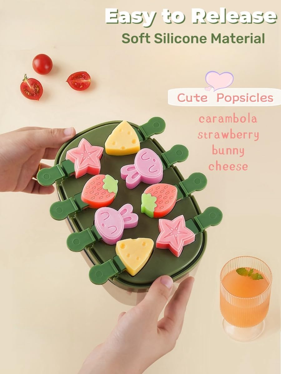 Silicone Popsicle Molds, Cute Cartoon Animal Flower Friut Bunny Molds, Mini Size Reusable Cake Pop Mold Set with Lid and Stick, Easy Release BPA Free (Green-Crocodile(8 Pieces)) image number 4