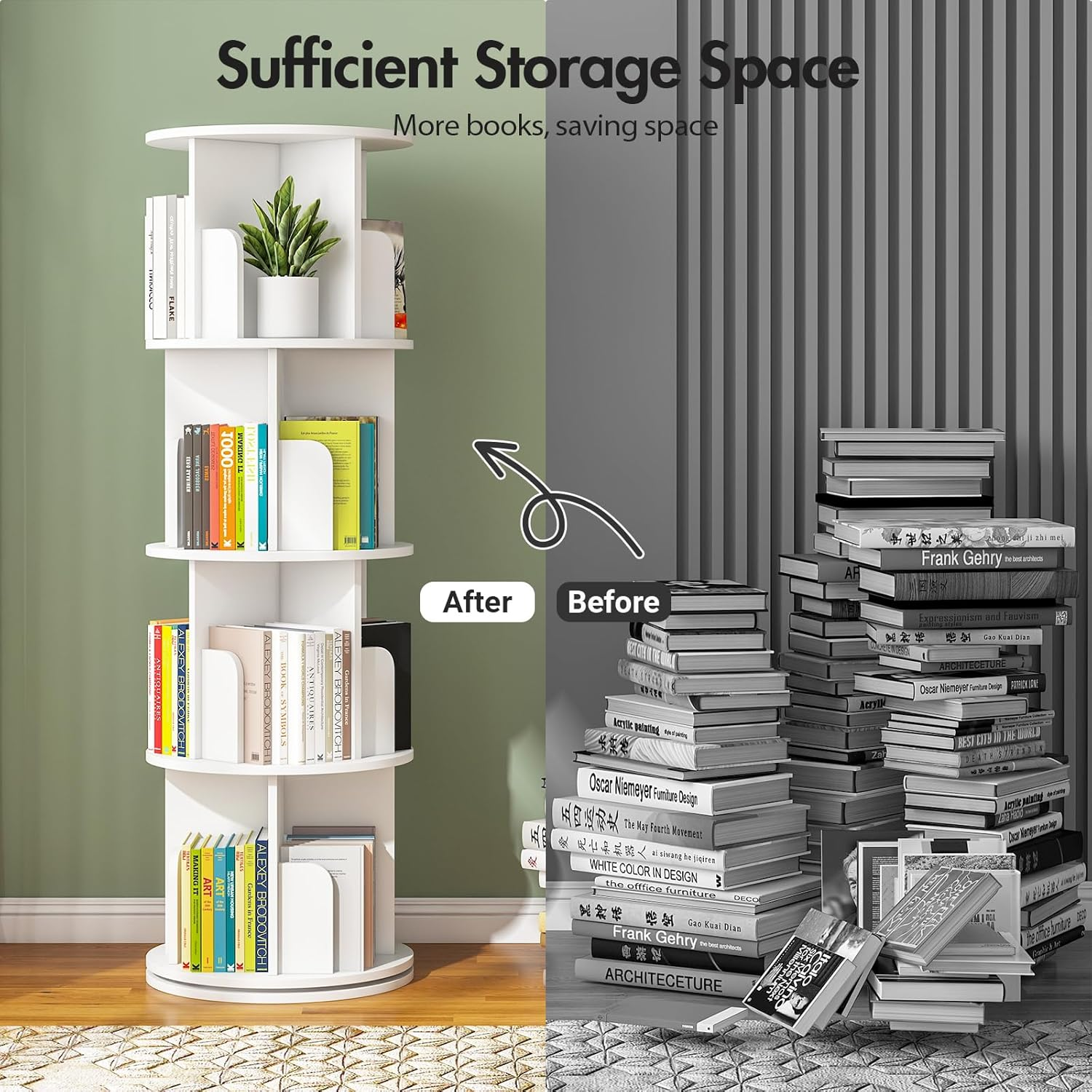 Ufurniture Rotating Bookshelf, 4-Tier Wooden Bookcase, Corner Standing Display Shelf Organizer, CD Storage Rack for Small Space Living Room Office Kids Furniture, White image number 6