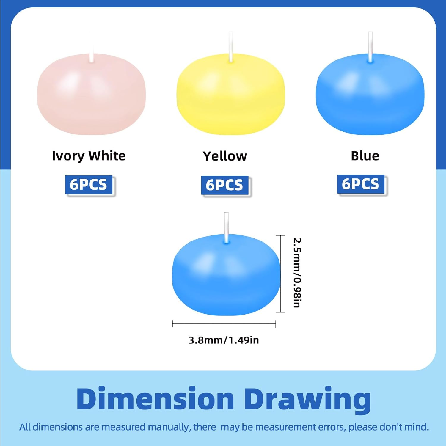 Glarks 18Pcs 3 Colors Floating Candles Set 1.4In Ivory-White, Yellow, Blue Floating Disc Candle Water Tealight Candles for Centerpieces at Halloween Fall Wedding Dinner Party Spa Treatments image number 5