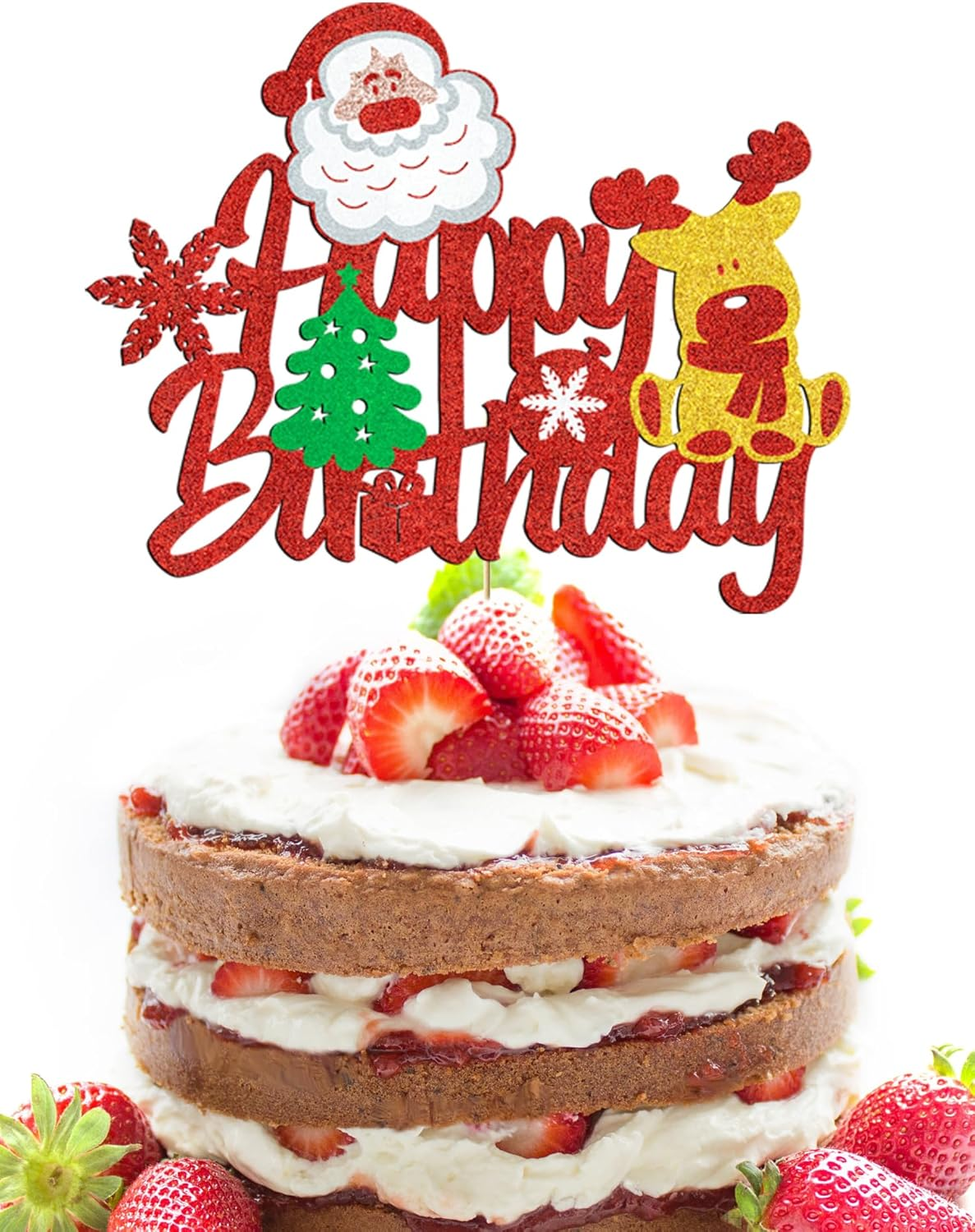 Biird Christmas Cake Topper Christmas Cake Decorations Birthday Cake Decorations with Glitter Christmas Tree Deer Santa Claus Cake Pick Decorations for Xmas Theme Happy New Year Party Supplies image number 1