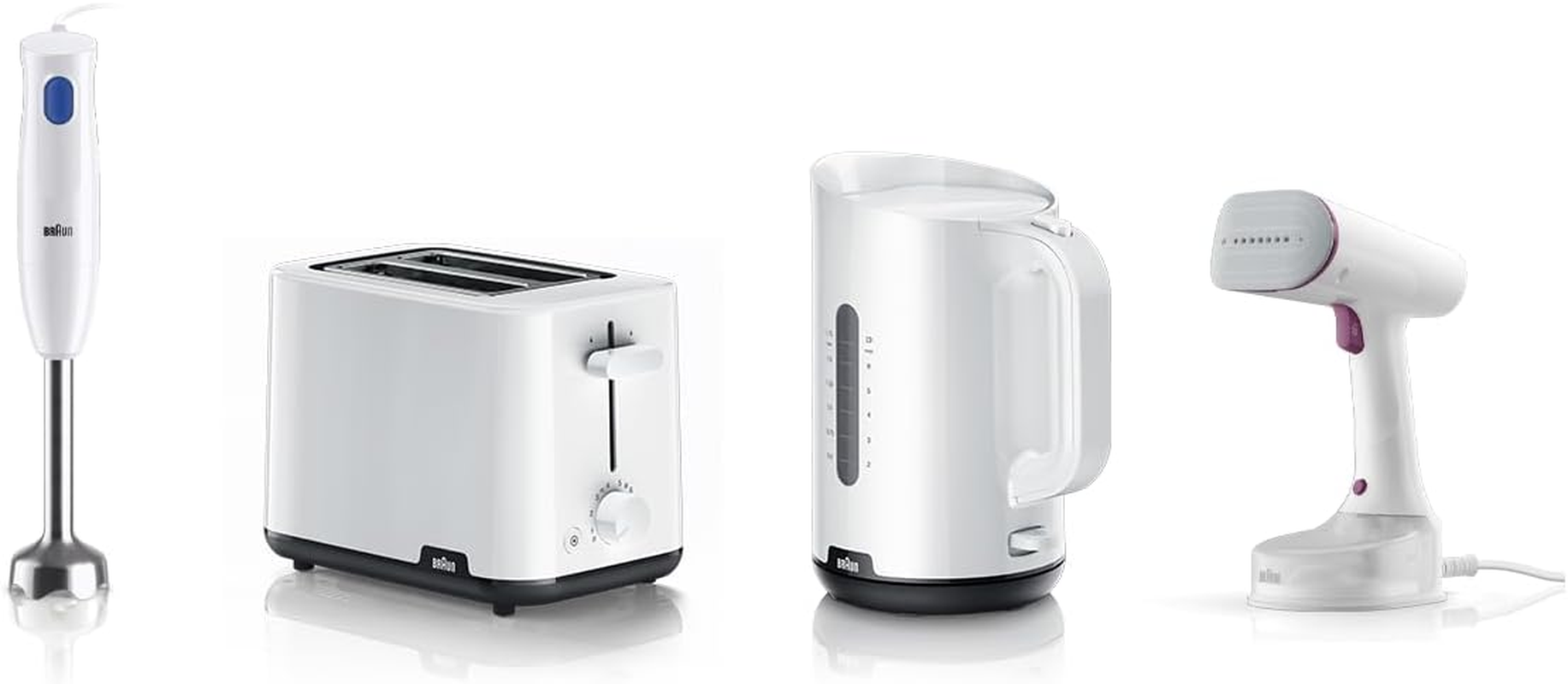 Braun Rise and Shine Pack, Small Kitchen Appliances Bundle with Breakfast 1 Kettle WK1100WH, Breakfast 1 Toaster HT1010WH, Multiquick 1 Hand Blender MQ10001M, Quickstyle 5 Garment Steamer GS5011PU image number 1