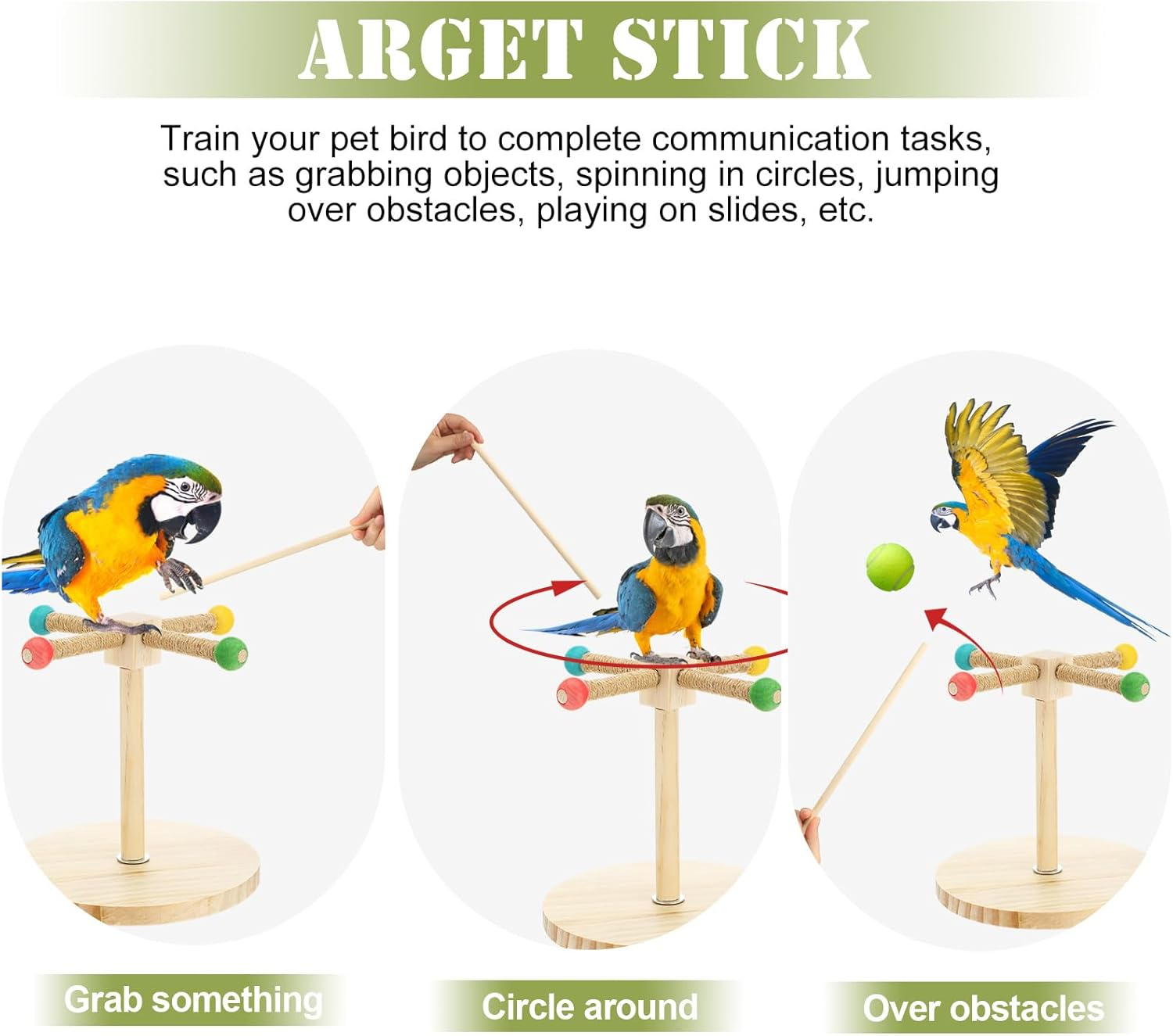 Cunno 3 Pcs Bird Training Stand Kit, Parrot Training Clicker Portable Tabletop Bird Perch and Target Stick, Wooden Spin Perch Clickers with Wrist Strap for Parakeet Conure Lovebird Cockatiel (Spin) image number 2
