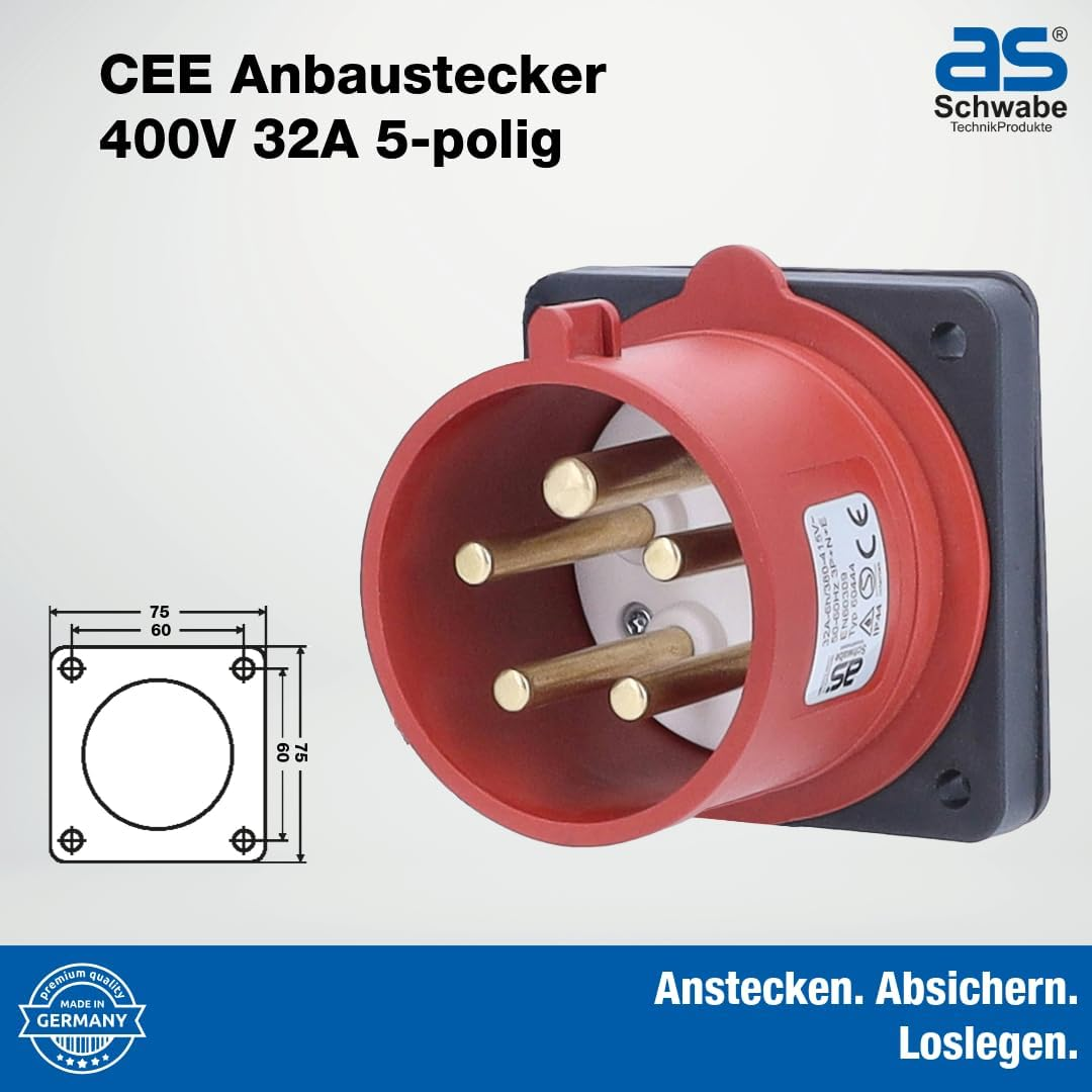 As - Schwabe 60444 Mounted Plug with Sealing Ring 400 V/32 A, 5-Pin IP44, Made in Germany, Red