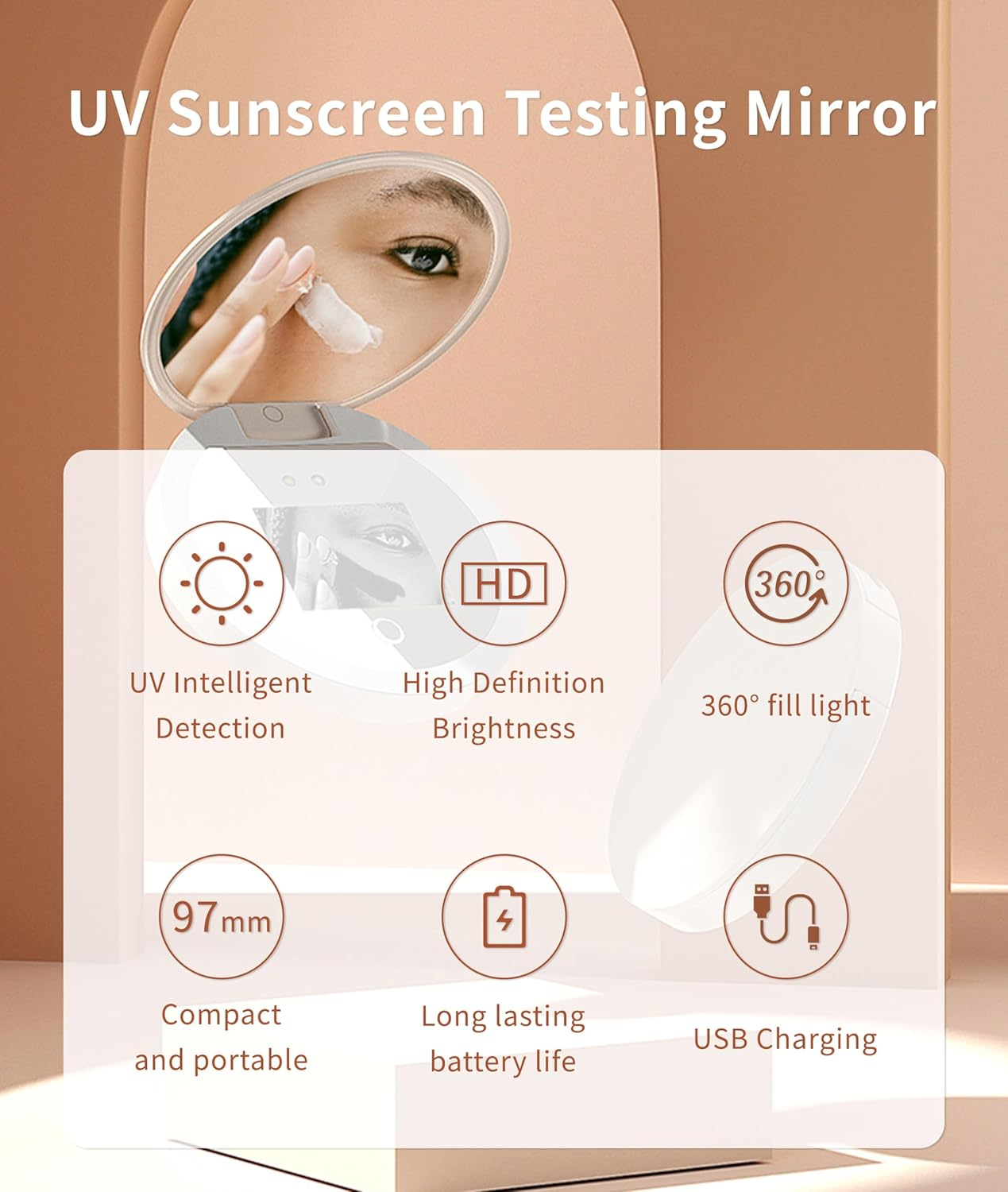 UV Sunscreen Testing Mirror, 2X Magnification 3.5In Pocket Size Sunscreen Testing Camera with Light, Sunscreen Testing Camera Travel Makeup Pocket Mirror with UV Camera