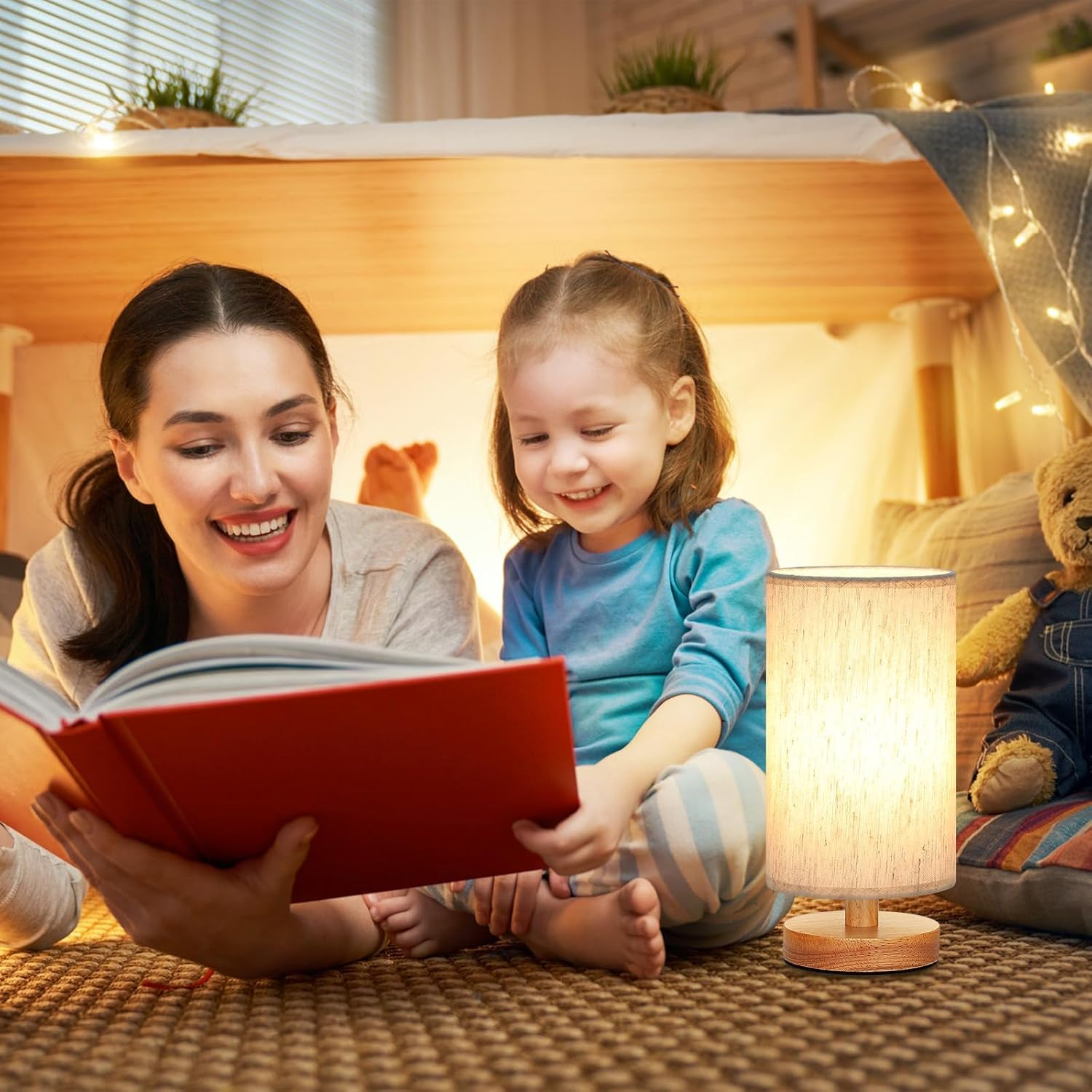 Small Table Lamp for Bedroom - Inline Control, Bedside Lamp with 3000K A15 LED Blub, Easy Assembly (Cream Shade - Wood Base, 9" Inline Control) image number 2