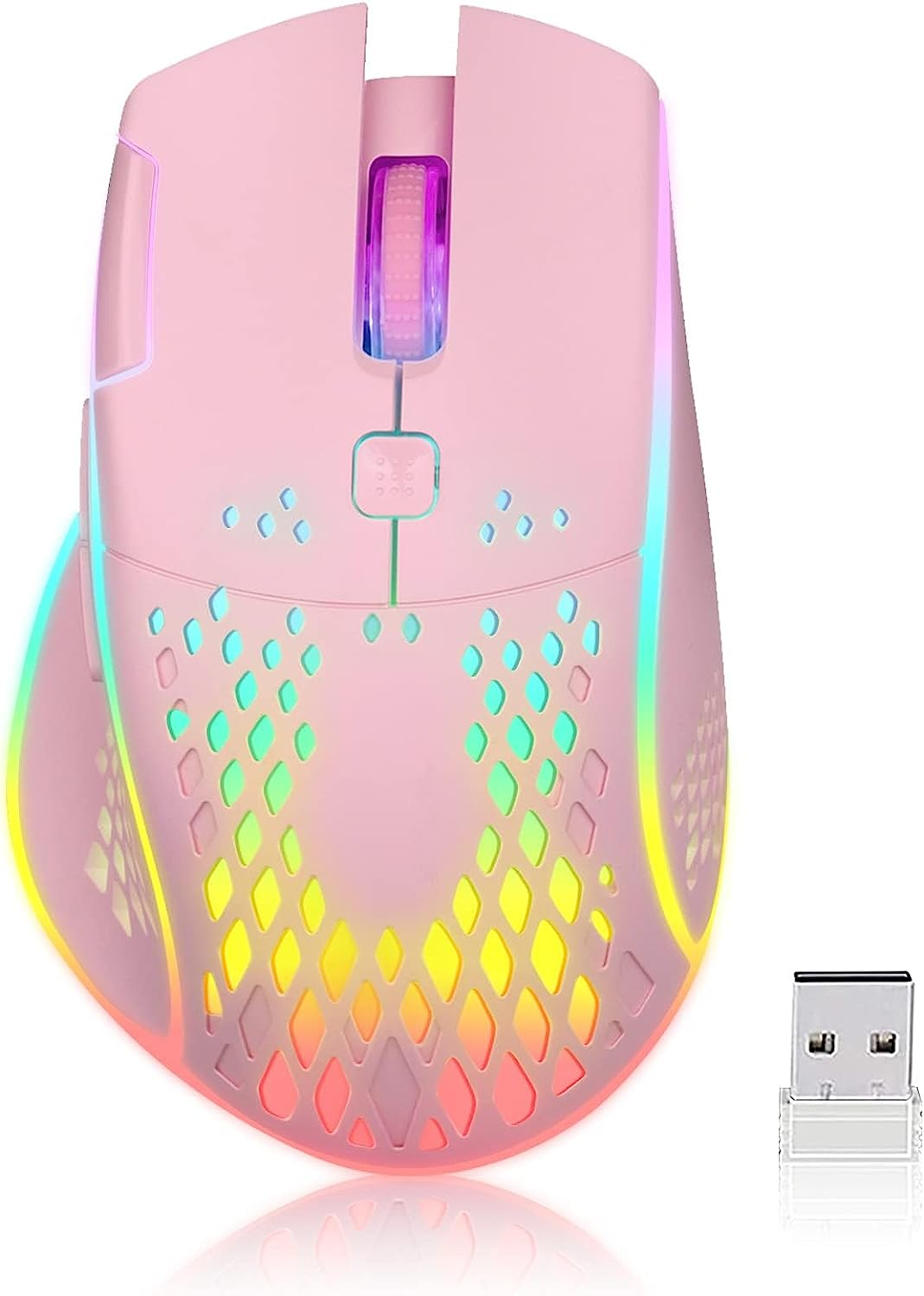 VEGCOO Gaming Mouse, Wireless Mouse Rechargeable Honeycomb Wireless Gaming Mouse with RGB Light/Usb Receiver/Usb Cable/Adjustable DPI, Optical Gaming Mice Mouse for Laptop PC Computer(Pink) image number 6