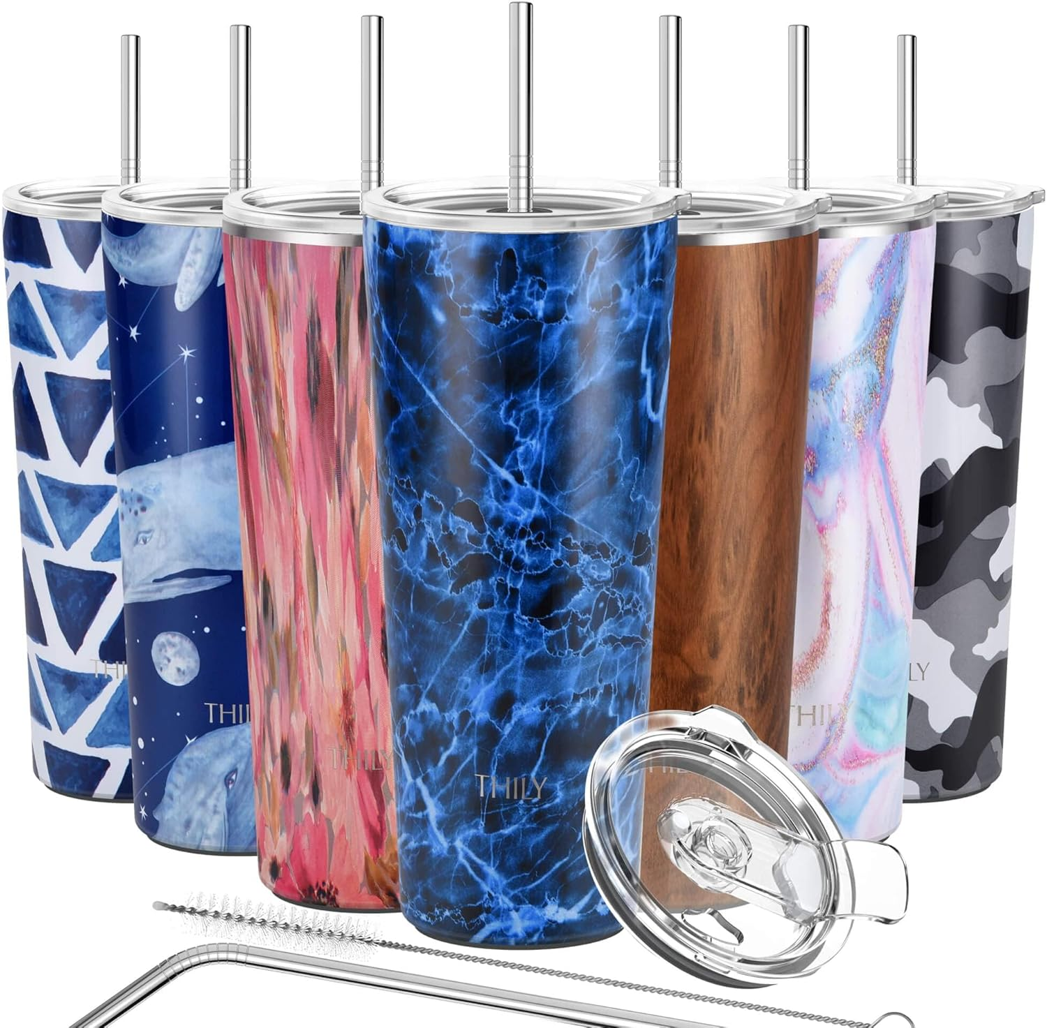 Stainless Steel Vacuum Insulated Tumbler - THILY Travel Mug 26 Oz Coffee Cup with 2 Lids and Straws, Splash Proof, Keep Ice Drinks Cold, Pink Lilies