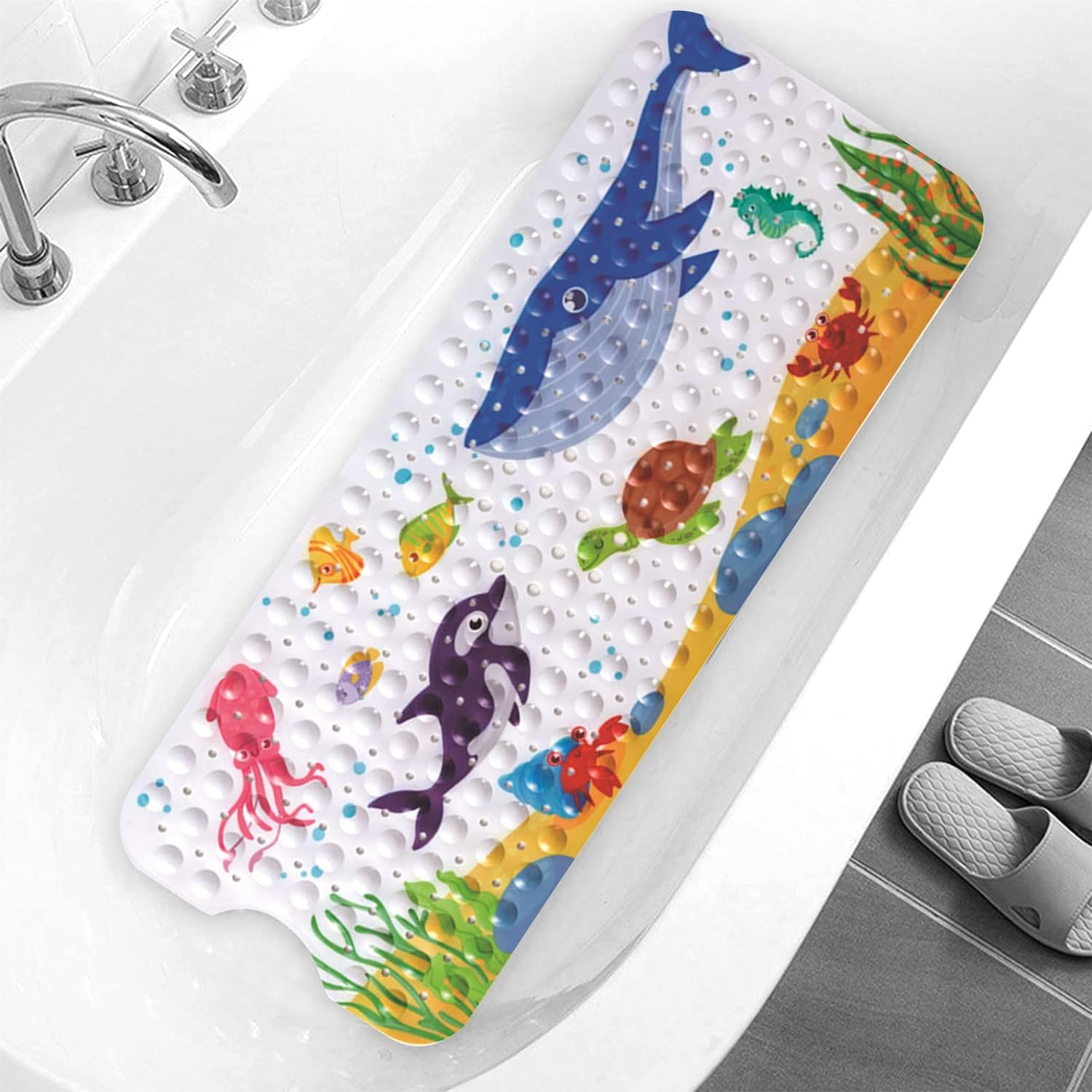 Shower Mat Bathtub Mat Non Slip, Extra Long Bath Mat for Tub with Drain Holes and Suction Cups, Machine Washable Wet Floor Non-Slip Elderly Kids Pregnant Women Bathroom 39 X 15 Inches (Blue Whale) image number 4