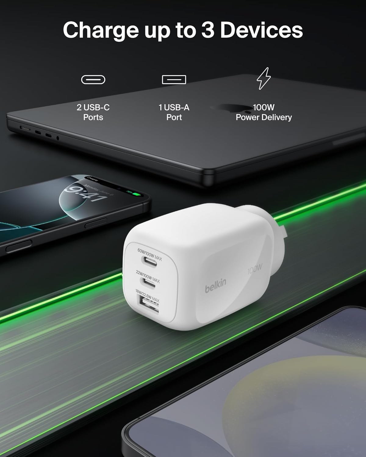 Belkin 3-Port USB C Charger Block 100W, Multi-Port Gan Wall Charger W/ 2X USB C Ports & 1X USB-A Port, Fast Charging for Macbook, Iphone 16, Ipad Pro, Samsung Galaxy S25, Google Pixel, & More - White image number 3