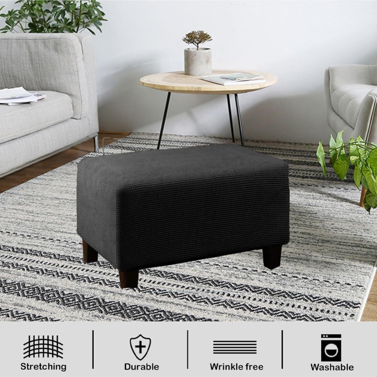 Stretch Ottoman Cover Slipcover Rectangle Small/Large Footrest Sofa Slipcovers Stool Covers Footstool Protector Covers Removable Washable(Black,Large) image number 7