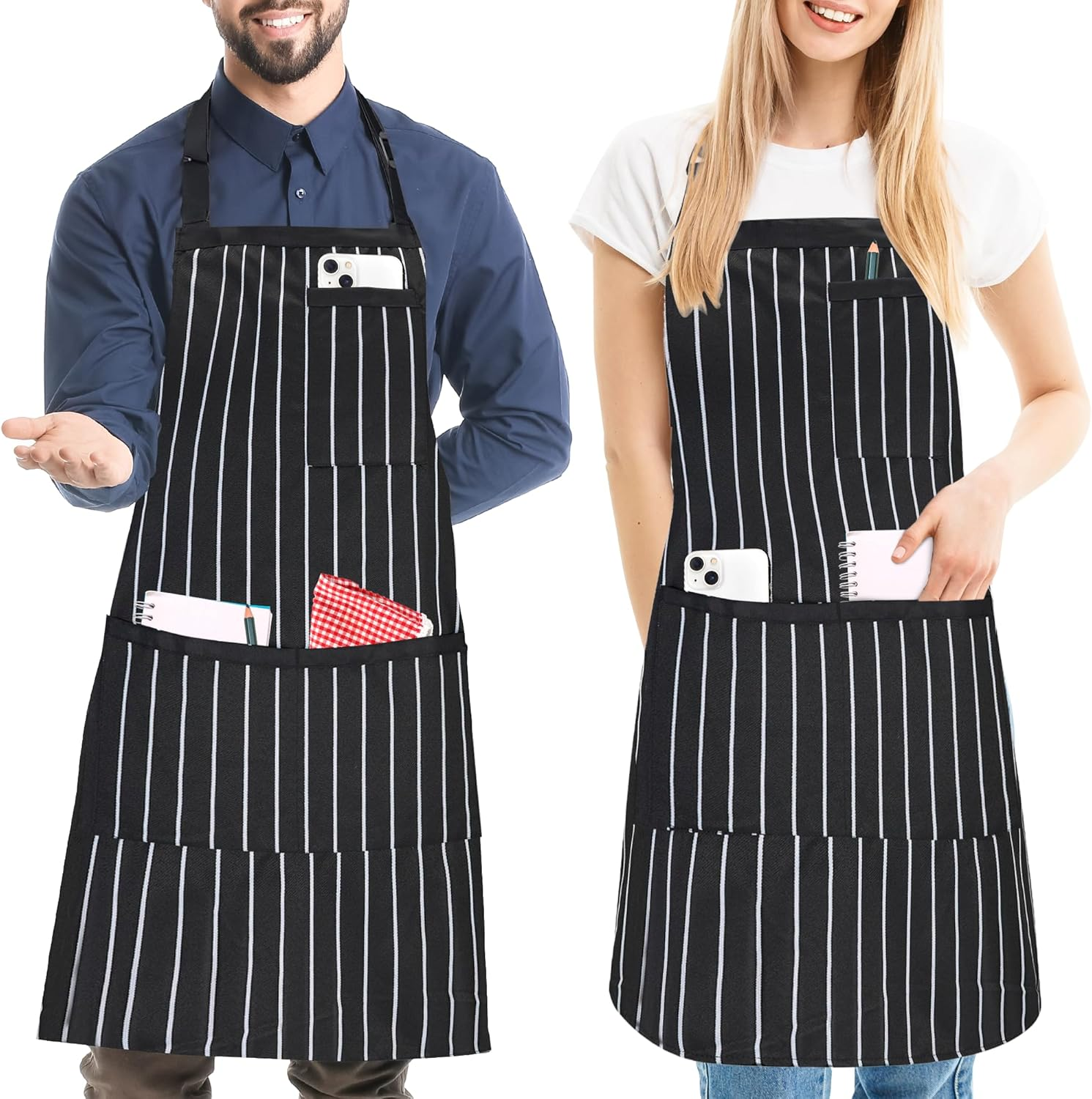 2 Pack Stripe Kitchen Apron, Adjustable Bib Soft Apron with 3 Pockets, Chef Aprons for Men Women, Cooking Aprons for BBQ Painting Gardening Baking Restaurant