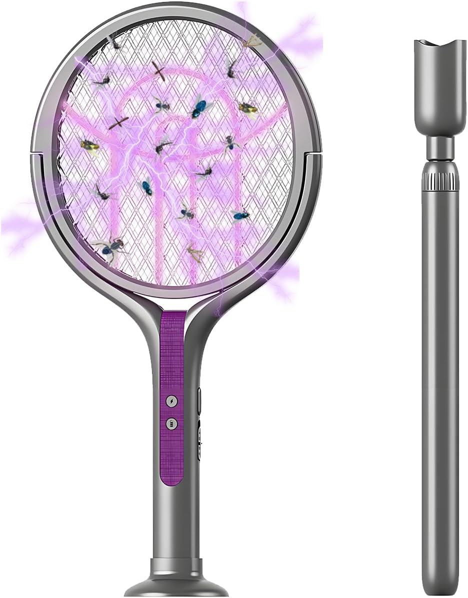 QUMOX Rotating Head Electric Fly Swatter Racket Rechargeable Bug Zapper Racket Bug Zapper Indoor Fly Zapper Mosquito Zapper Flies Killer for Indoors, with a Telescopic Extension Black